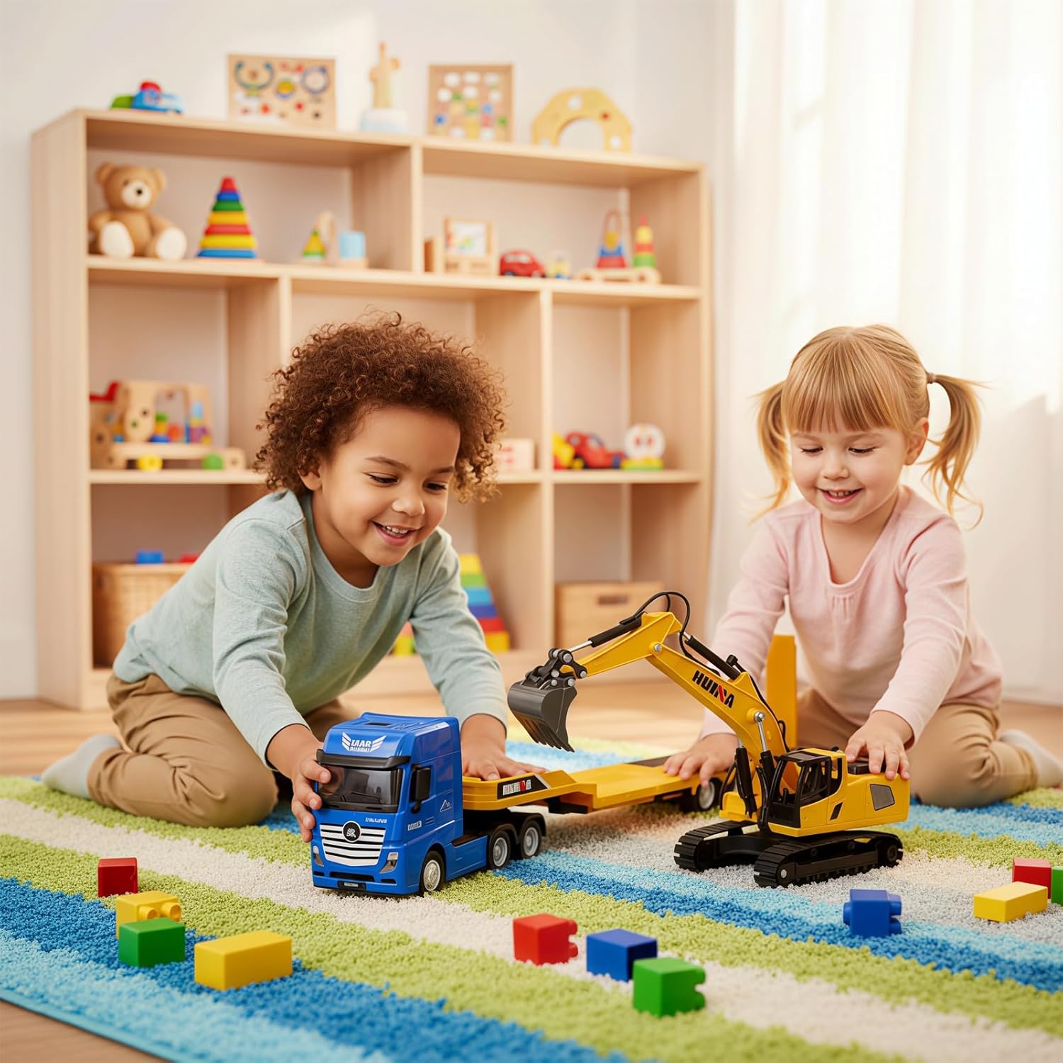 Gemini&Genius Construction Truck 2 in 1 Excavator with Metal Truck, Construction Vehicle Die-cast Toys for Kids