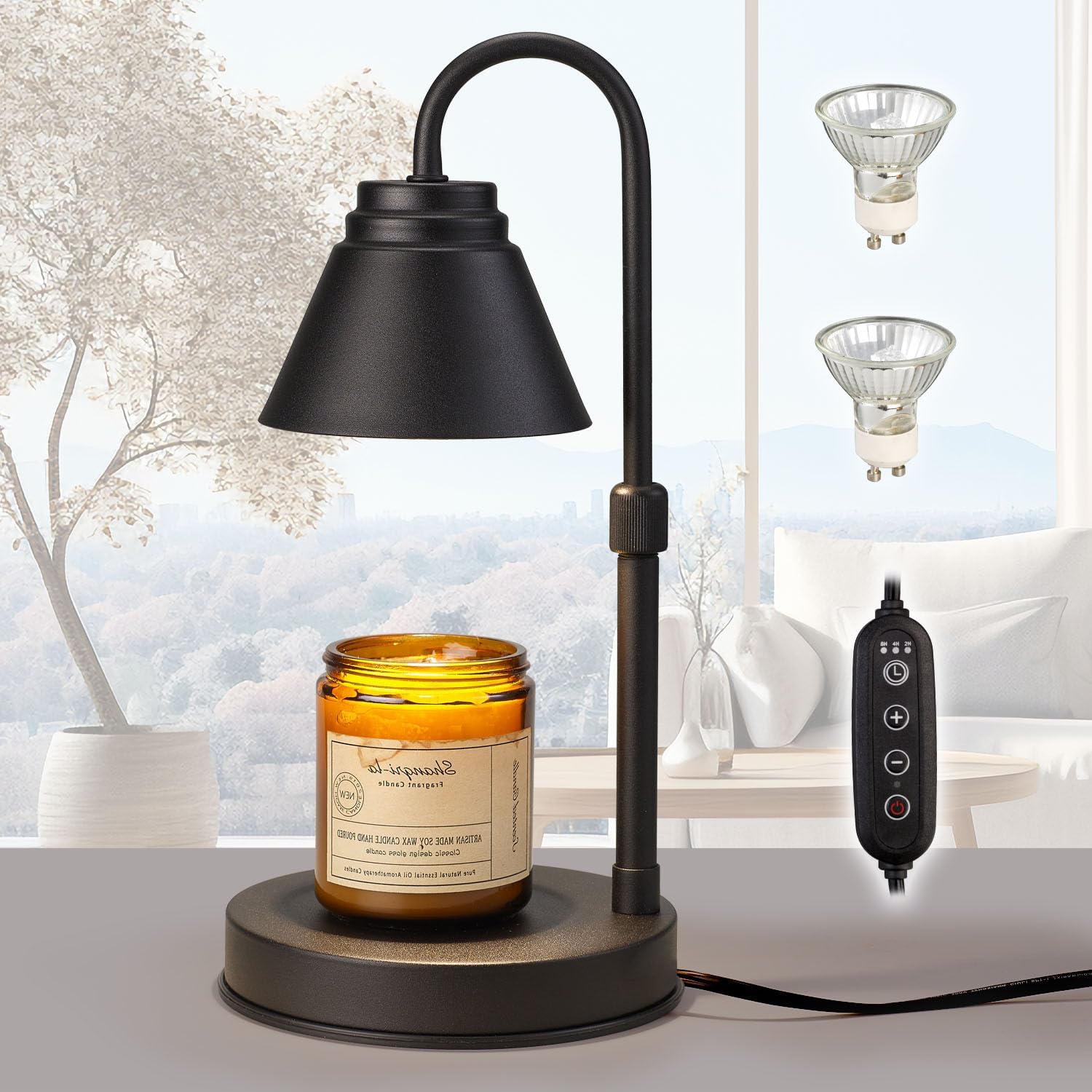 Candle Warmer Lamp - Timer & Dimmer w/ 2 Bulbs, Height Adjustable Candle Warmer for Bedroom, Home Decor, Black Matte Black