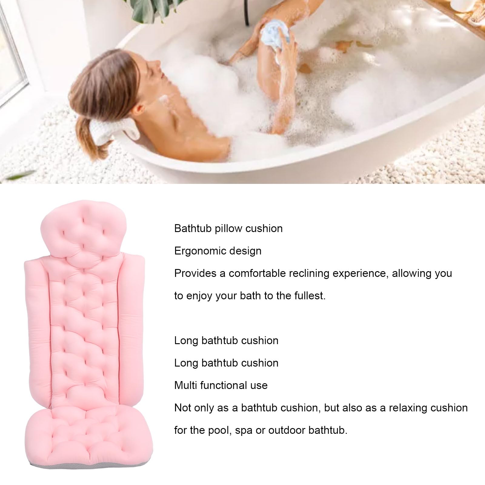 Almohada de baño para Todo el Cuerpo, cojín ergonómico para bañera con Ventosa, Almohada de SPA Larga Antideslizante Acolchada para el Apoyo de la Cabeza, el Cuello y los Hombros e (Rosada)