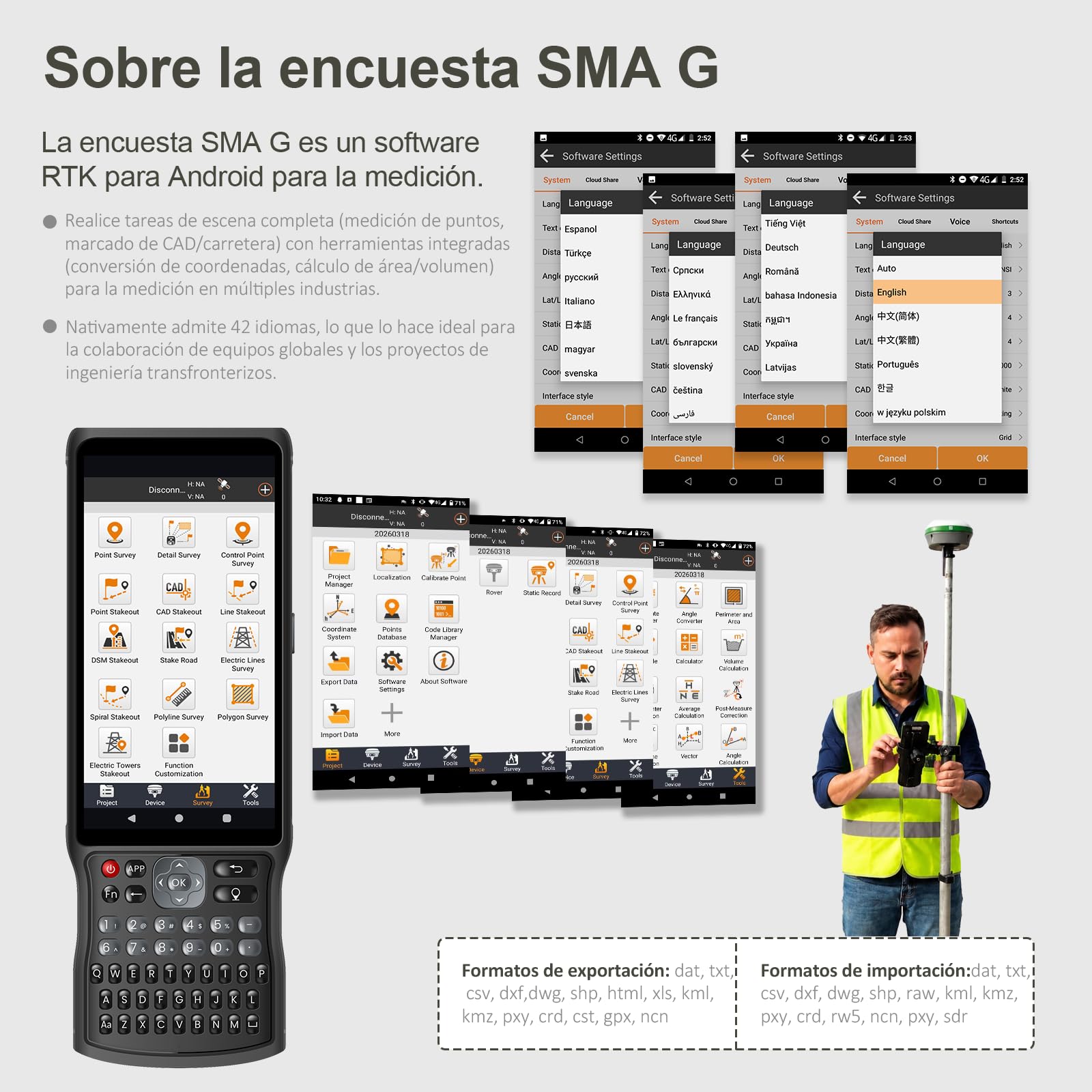Sistema de topografía RTK con Receptor GNSS SMA26 Pro Rover, Controlador y Software, Funciona como estación Base para Drones, 10000 mAh, 32 GB, 4G/BT/CORS, protección IP67, Ideal para ingeniería