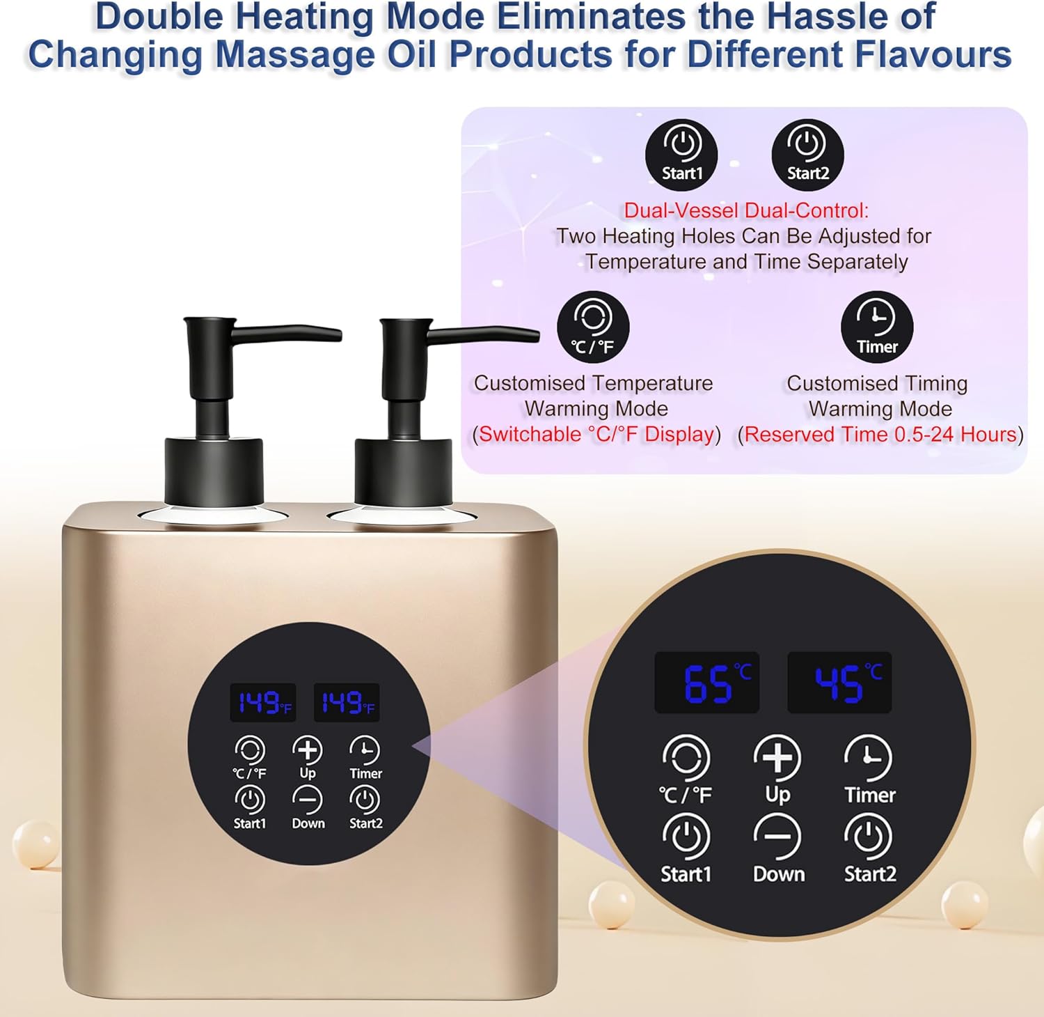 Heated Massage Oil Warmer – Dual-Dispenser Massage Oil Heater & Lotion Warmer Dispenser for Professional Massage Equipment for Home, Salons, and Beauty parlours,30–65°C, Champagne Gold