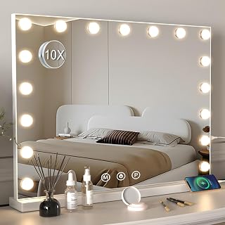 Hollywood Makeup Mirror with Lighting, Make-up Mirror with 17 Dimmable LED Lights, 3 Light Colours, Hollywood Mirror with USB Opaque Adpoort and 10x Magnifying Mirror - 70x55cm