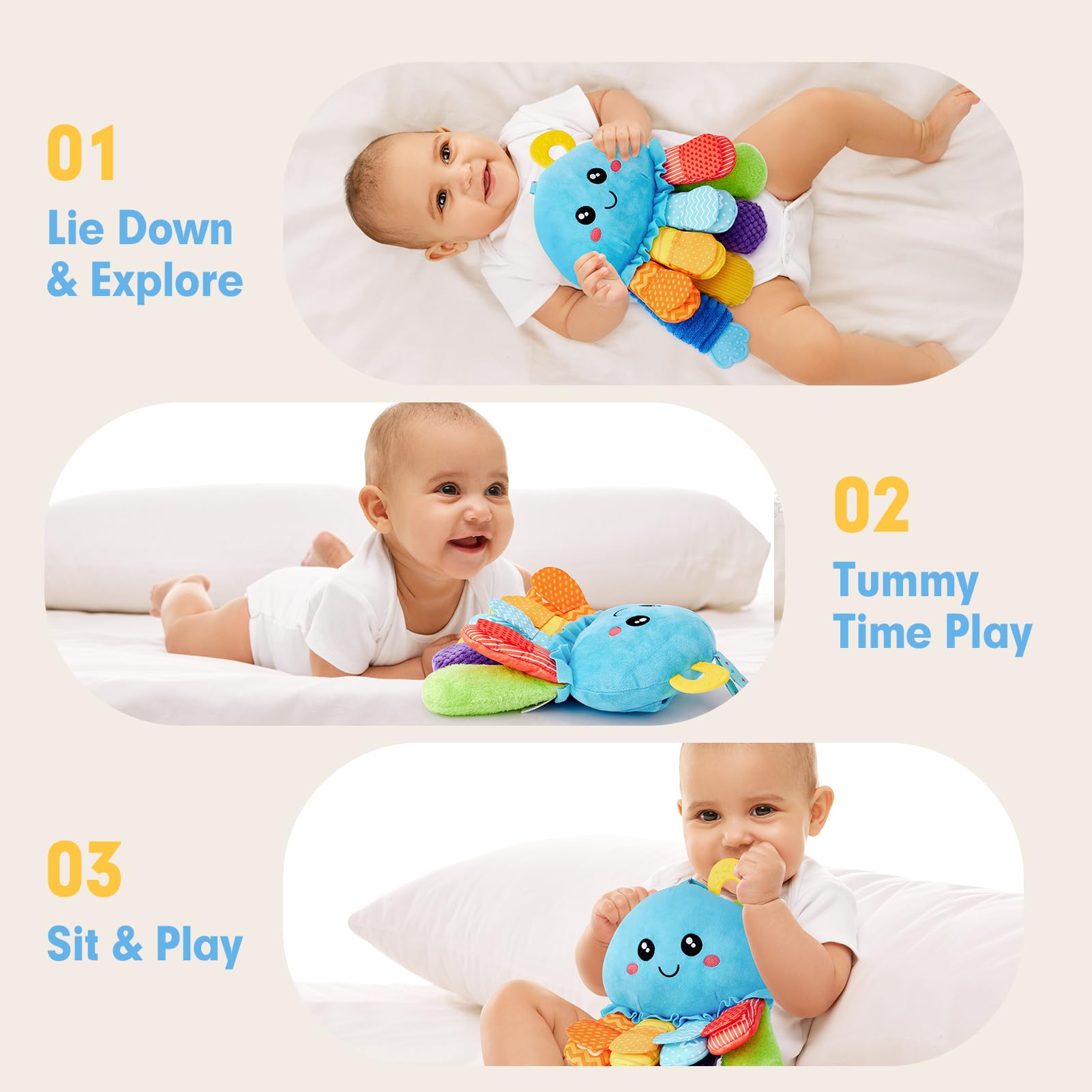Juguetes sensoriales para bebés de 3 a 6 meses, 15 en 1, juguete suave para el tiempo boca abajo, con espejo de sonajero arrugado para bebés, juguetes colgantes para asiento de automóvil 5
