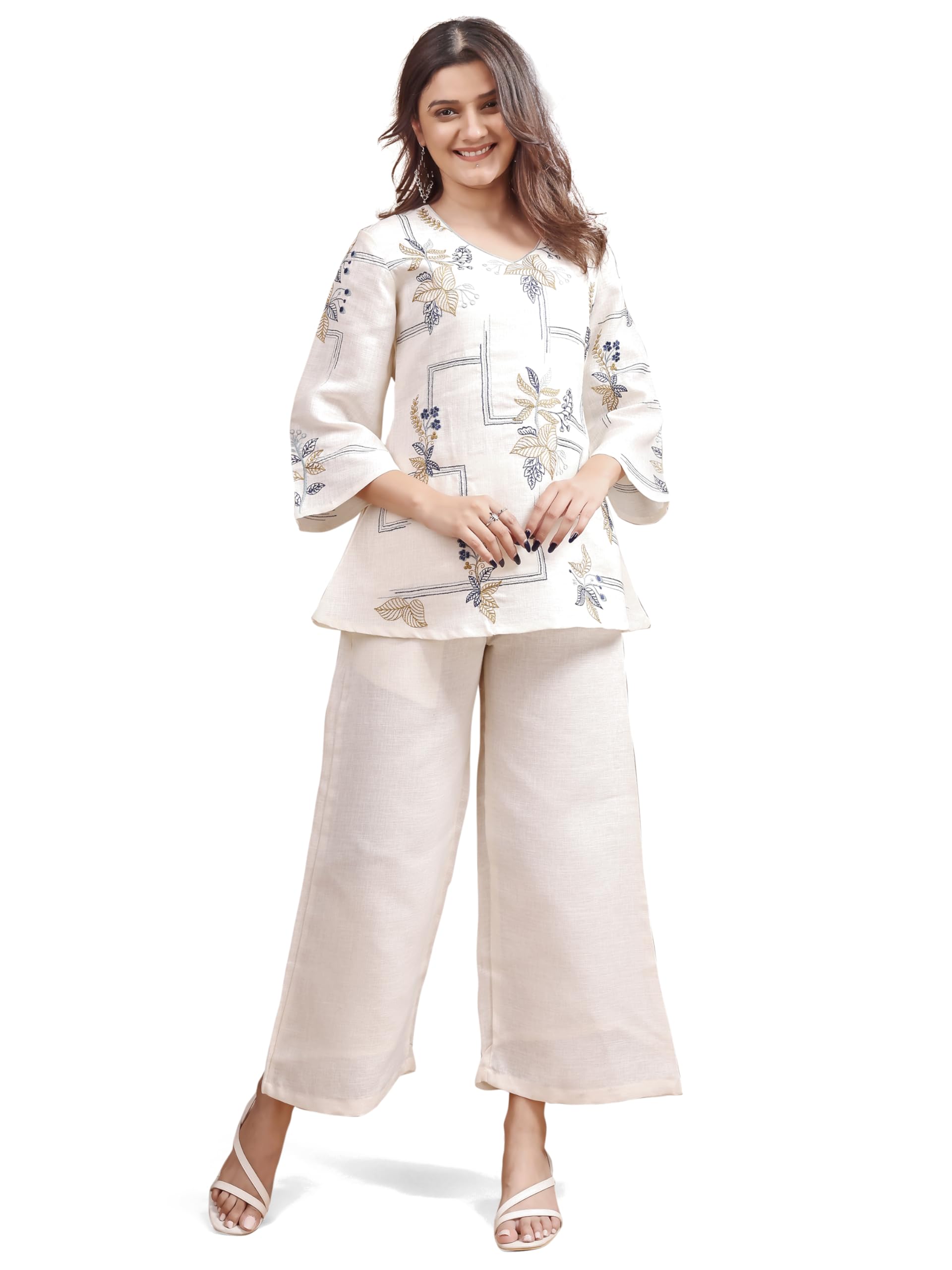 Womanista Women's Off White Colour Linen Contrast Thread Embroidery Top With Palazzo Set(Co-Ords_9066_S)