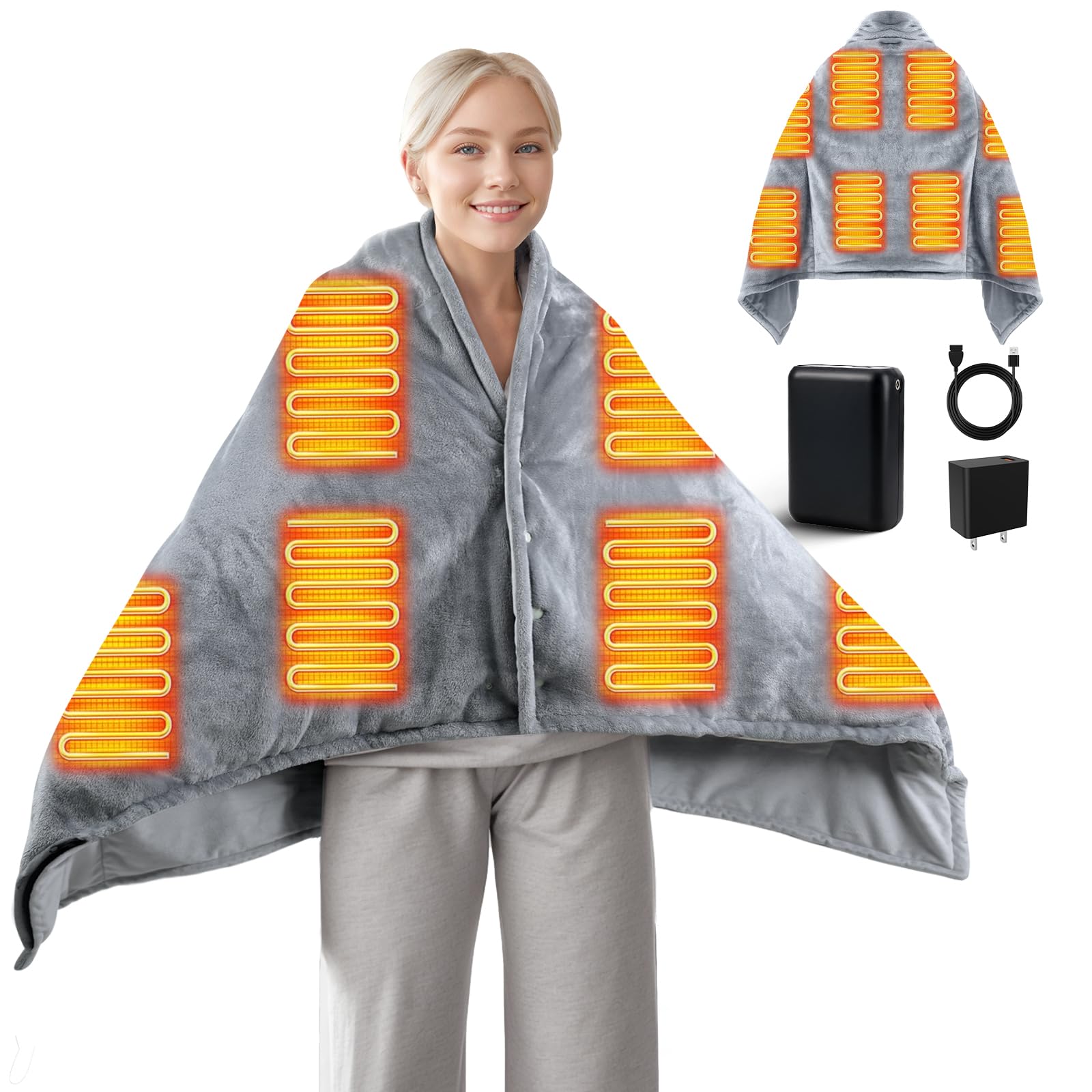 Heated Blanket Battery Operated, Portable Heated Blanket with 20000mAh Battery Cordless Heated Blanket, 8 Heating Zones, 3 Heating Levels & Timing Function Rechargeable Heated Blanket Shawl