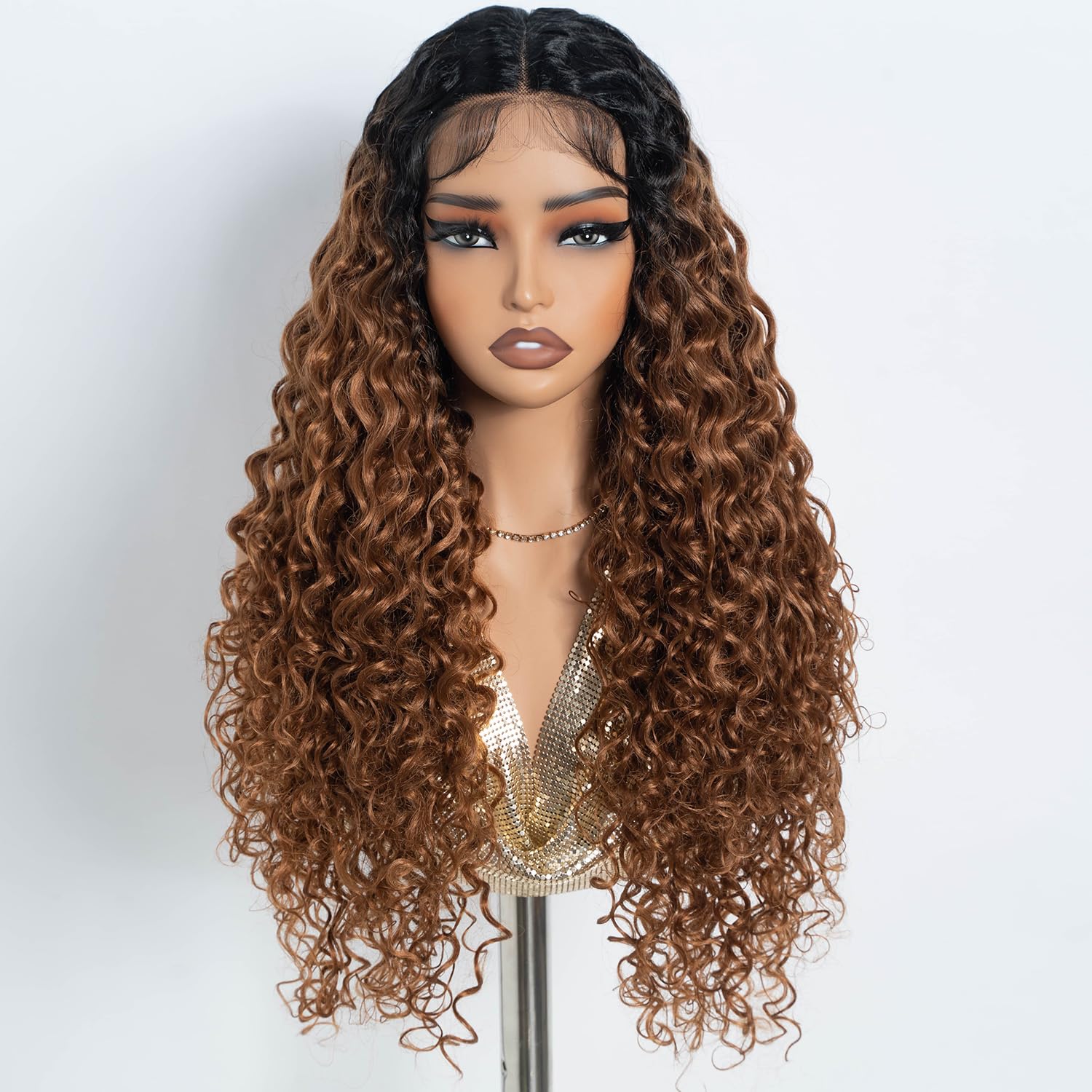 Long Deep Wave Lace Front Wig for Women Synthetic Natural Crimps Curls Dark Brown 24 Inch T-Part Preplucked Hairline Wig with Baby Hair