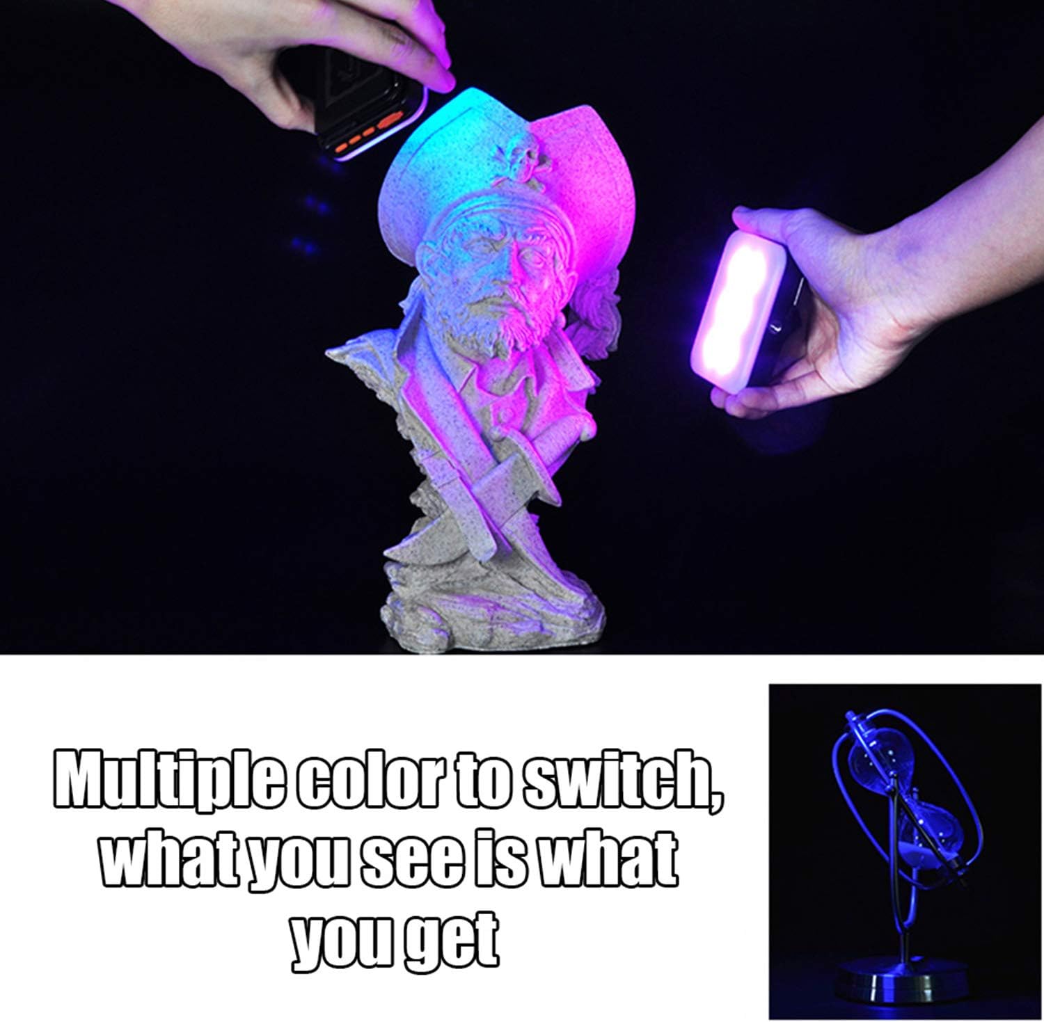 Hands holding two RGB video lights illuminating a bust with multiple colors, demonstrating the 'Multiple color to switch, what you see is what you get' feature.