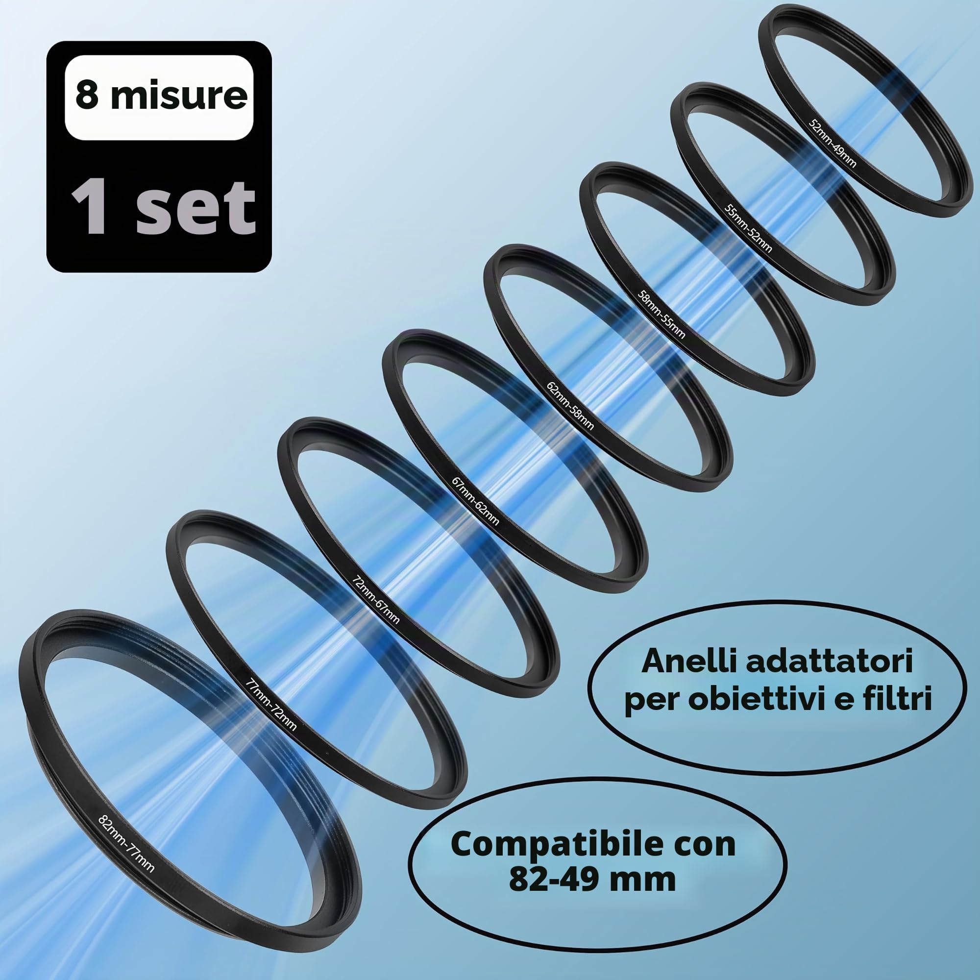 Kit 8 Anelli Step-Down Per Filtri Fotografici – 82-77, 77-72, 72-67, 67-62, 62-58, 58-55, 55-52, 52-49 Mm