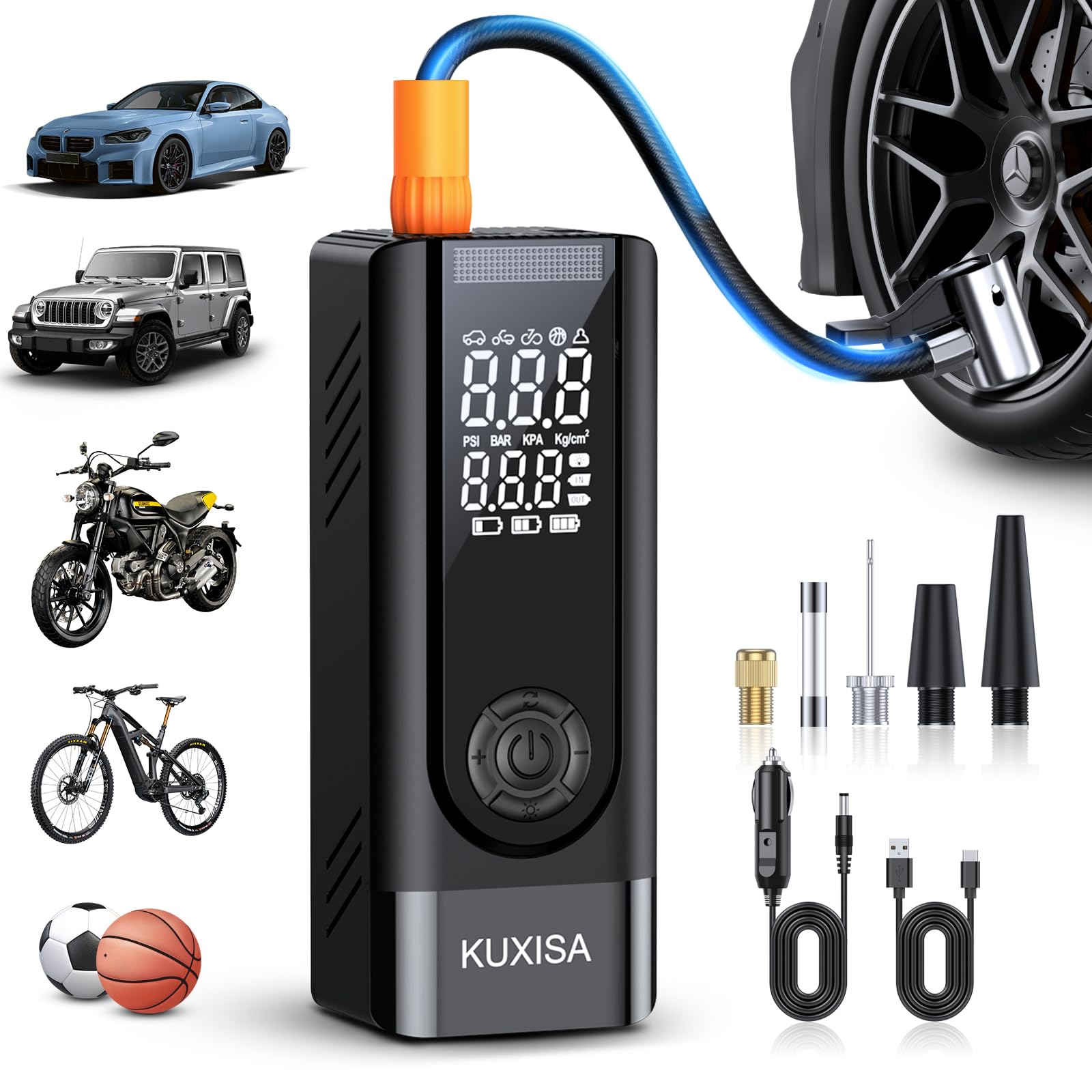 KUXISA Tire Inflator Portable Air Compressor, 180PSI Air Compressor with Digital Pressure Gauge, 25000mAh & 3X Faster Portable Air Pump for Car, Motorcycle, Bicycle, Ball and More(Black)