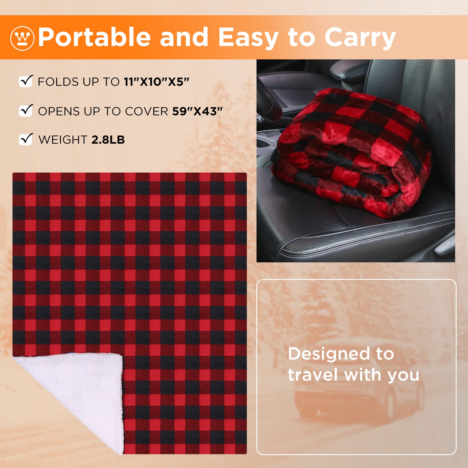 Westinghouse Heated Car Blanket, 12-Volt Electric Blanket for Car, Truck, SUV, RV, Portable Heated Throw for Camping, Red Buffalo Plaid, 59" x 43â€?