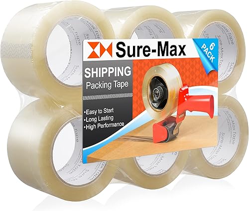 Sure-Max 6 rollos de cinta extra ancha para envío y embalaje (3 pulgadas x 110 yardas330 pies cada uno) - Sellado de cartón adhesivo y móvil - 2.0
