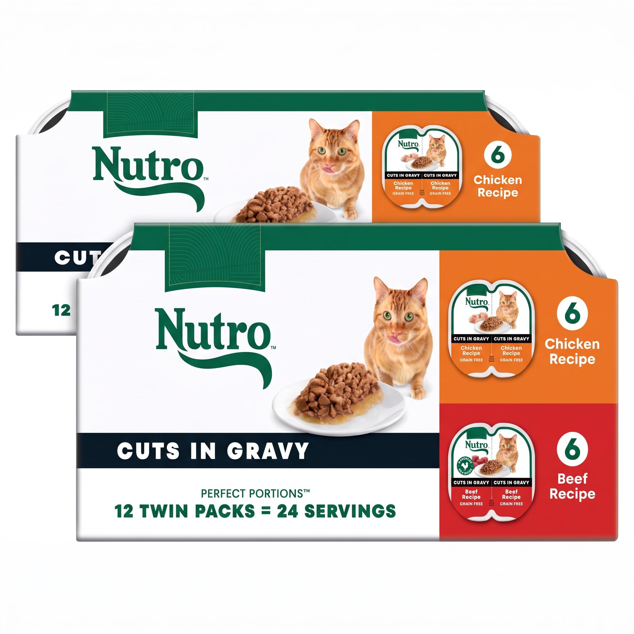 Nutro Perfect Portions Wet Cat Food Cuts in Gravy Multipack, Adult Cat Food Wet Chicken &amp; Beef Recipes, 2.64 oz Twin-Pack Trays (12 Count, Pack of 2)