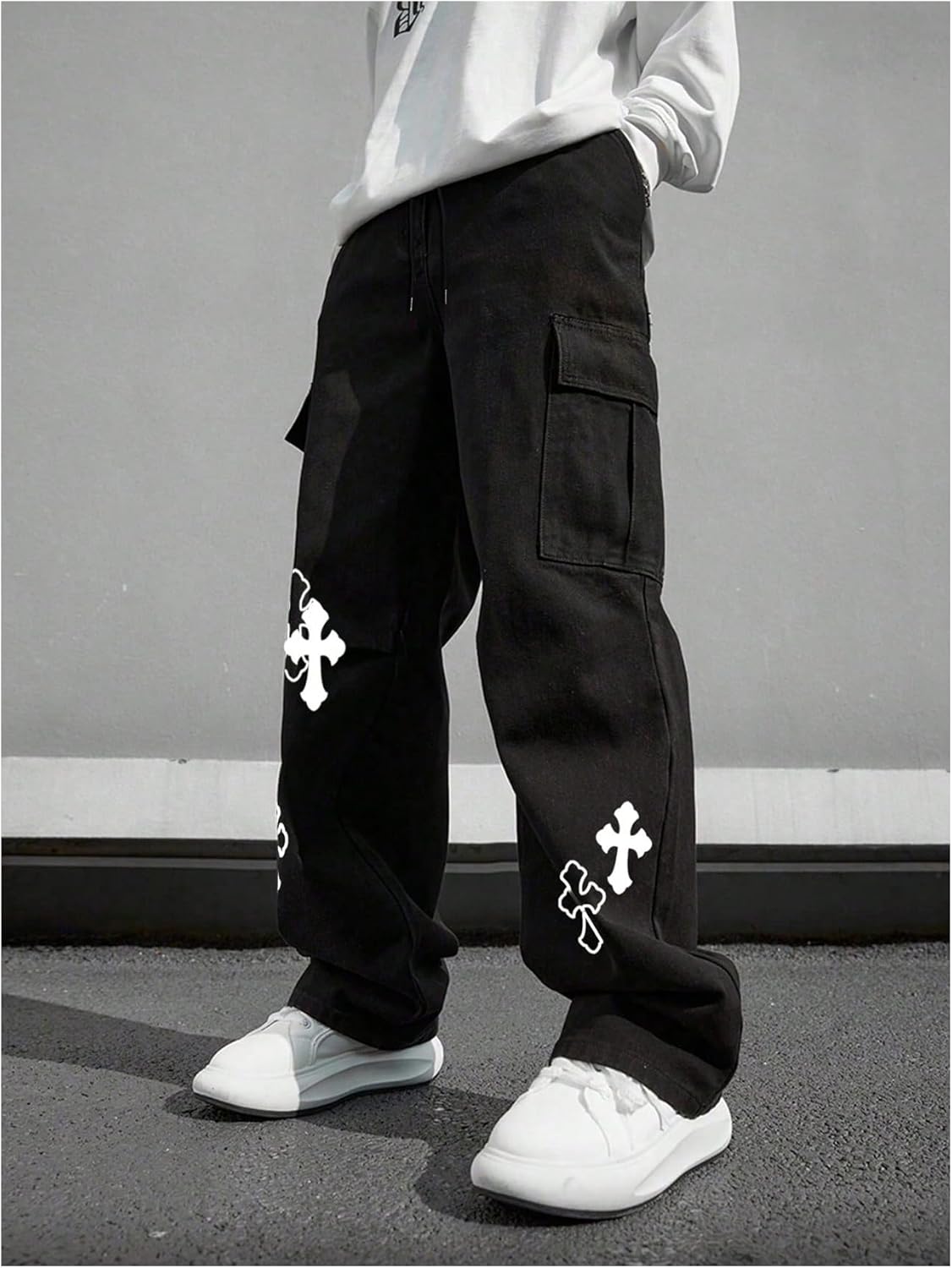 BEAUDRM Men's Cross Graphic Baggy Cargo Pants Drawstring Waist Wide Leg Sweatpants Streetwear - Image 5