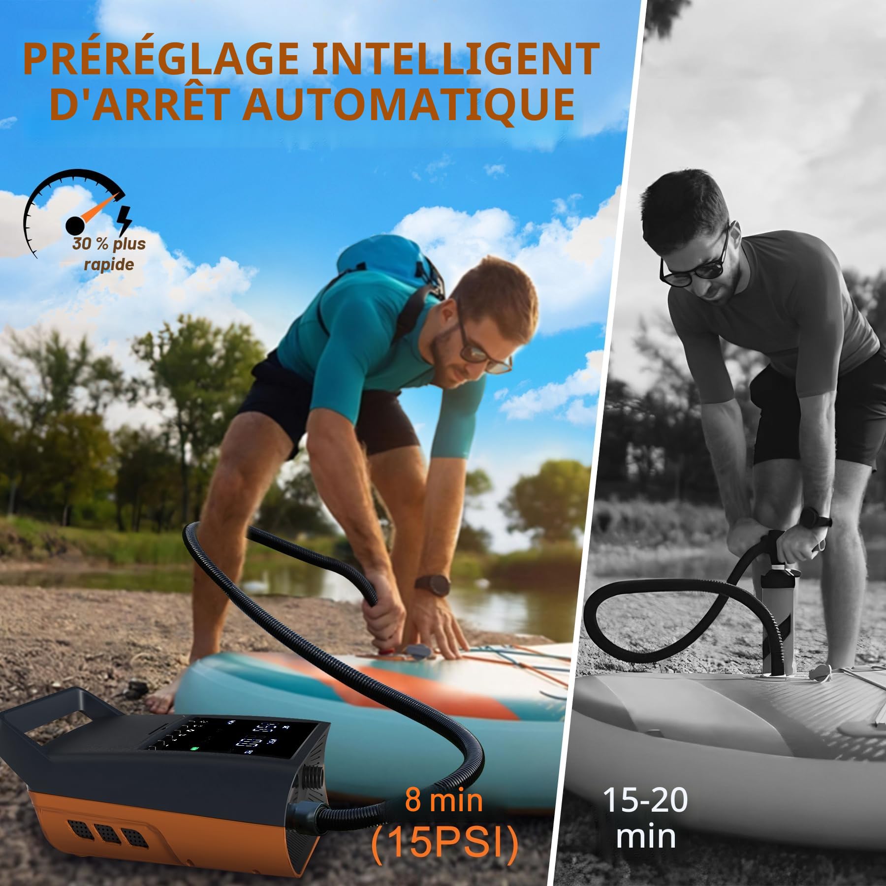 Mojimdo Pompe Électrique Haute Performance pour Sup - 20PSI, Rechargeable avec Éclairage Intégré - Gonflage 30% Plus Rapide, Arrêt Automatique, Double Alimentation 12V DC & Type-C