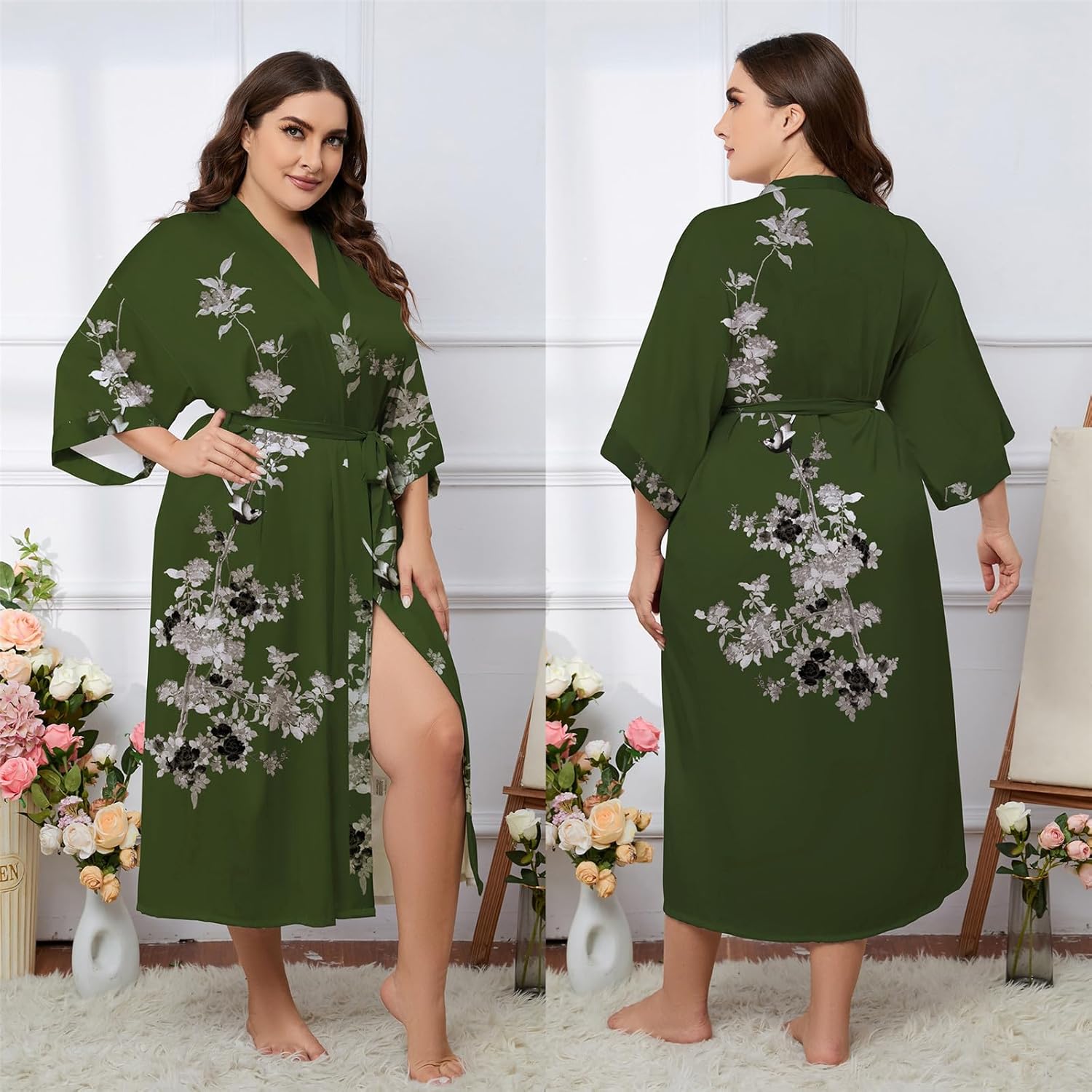 Kihnop Women's Floral Long Kimono Robe Long Satin Robe Long Silk Robe Ladies Kimonos Silky Bathrobe Cover Up, One Size - Image 6