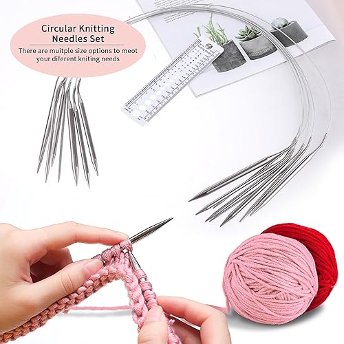 Miniatura 4 de Juego de 8 agujas de tejer circulares de acero inoxidable de 31.5 in, agujas de tejer de metal de doble punta, alfileres de tejer circulares con