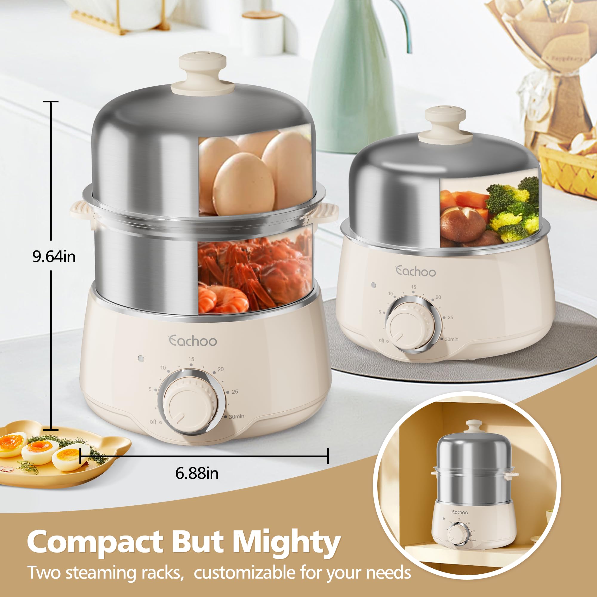 Hard Boiled Egg Cooker - CACHOO 14-Egg Rapid Stainless Steel Egg Boiler with 30-Min Timer & Auto Shut Off, Compact Electric Vegetable Steamer for Cooking, Dishwasher Safe, Beige: Beige 2-Tier