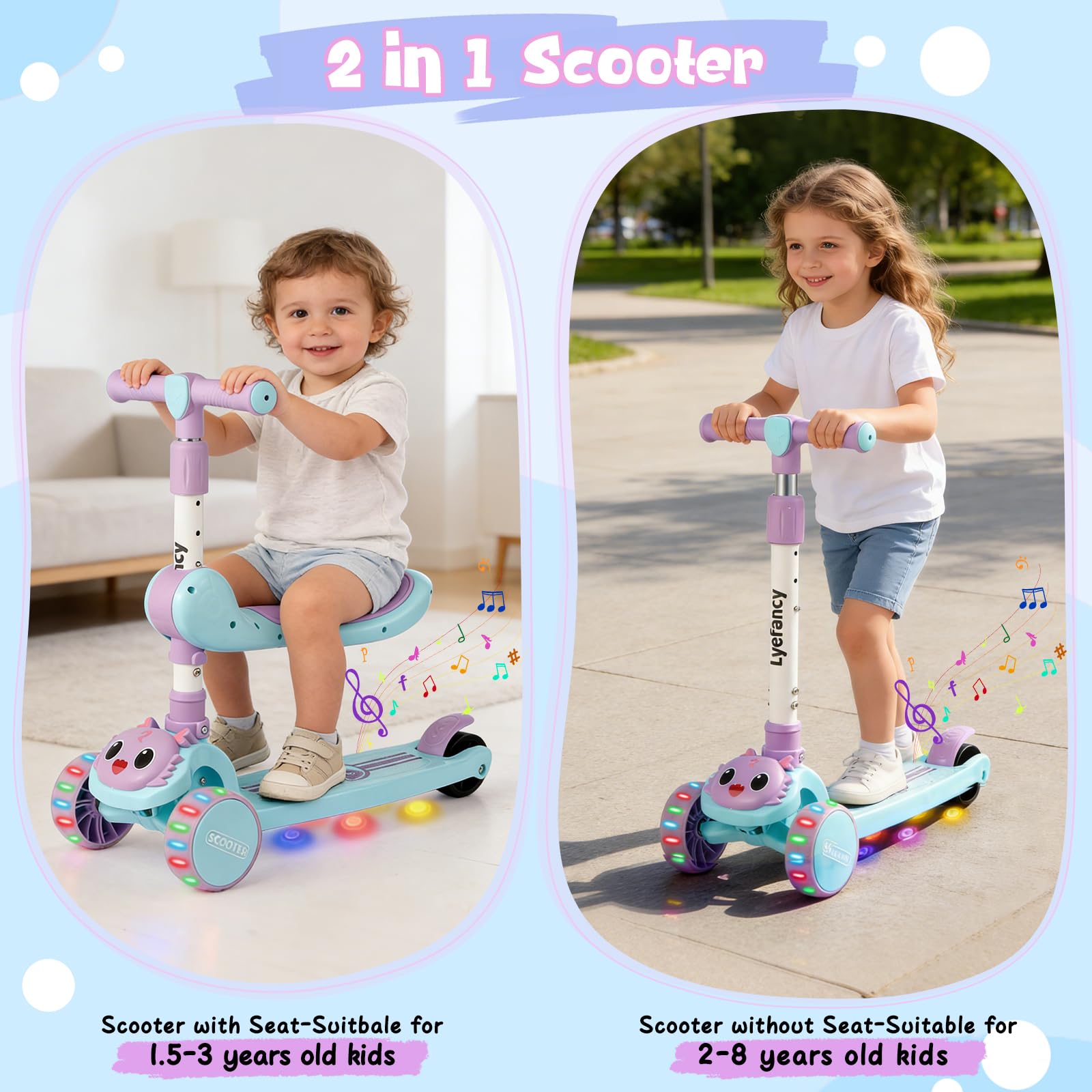 3-Rad-Roller für Kinder im Alter von 2–8 Jahren, 2-in-1-Kinderroller mit abnehmbarem Sitz, Klapproller mit Musik und leuchtenden Rädern, höhenverstellbar, durch Gewichtsverlagerung lenkbar