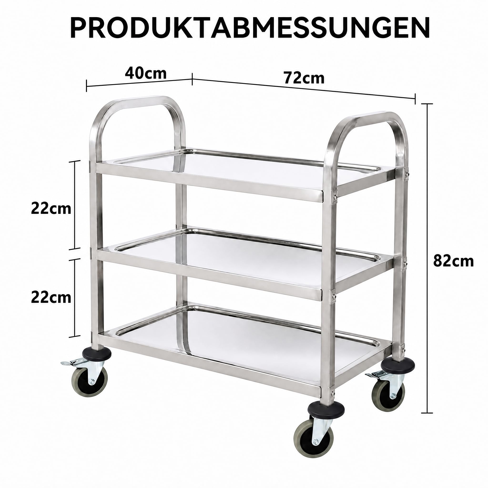 3-stufiger Edelstahl-Servierwagen mit Rollen & Bremsen (72 x 40 x 82 cm) – Robuster Transportwagen für Gastro, Labor, Salon, Küche