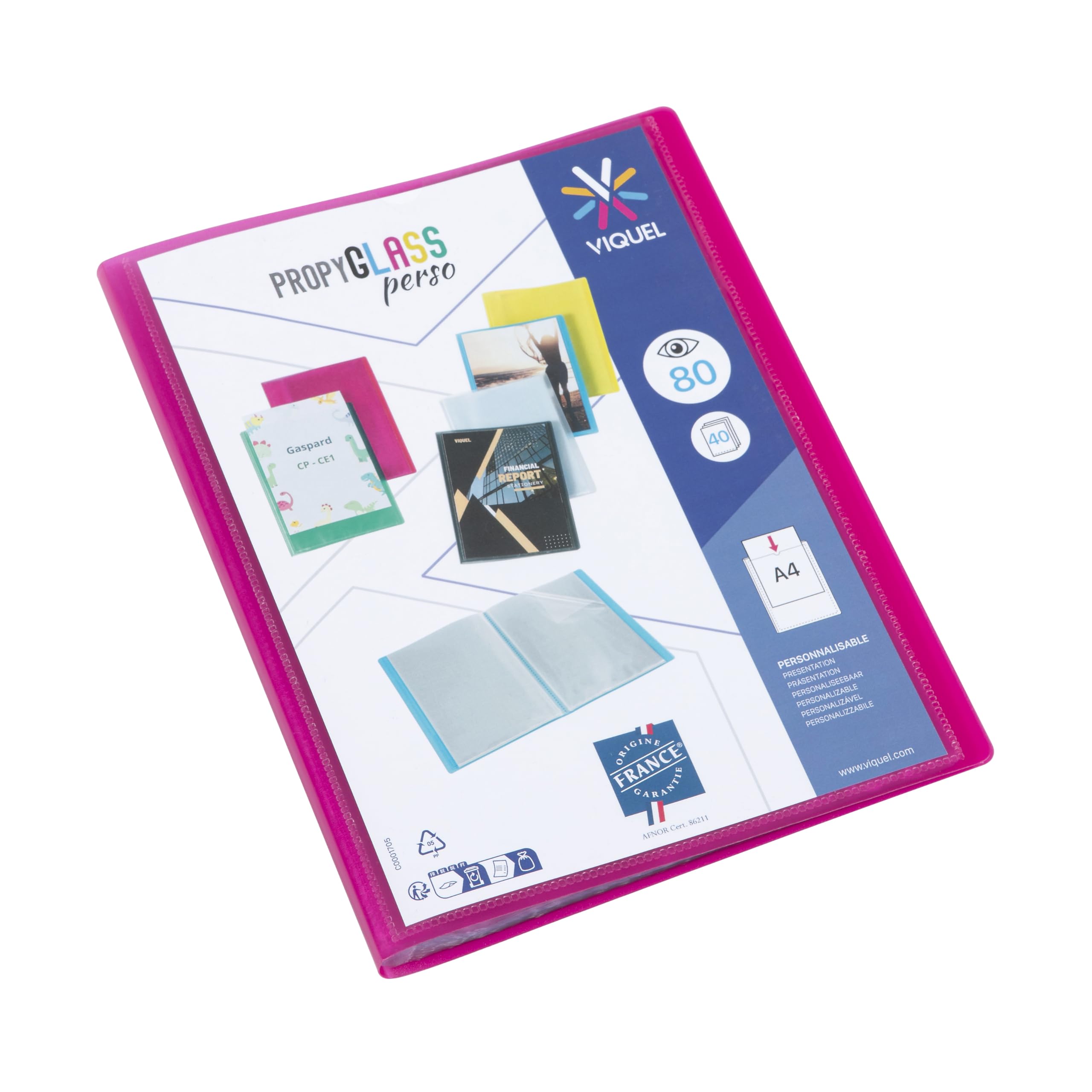 Viquel - Customisable Document Protector - A4 Size Binding - 80 Views (40 Pockets) - Made in France - High Quality Pockets - Translucent Raspberry red