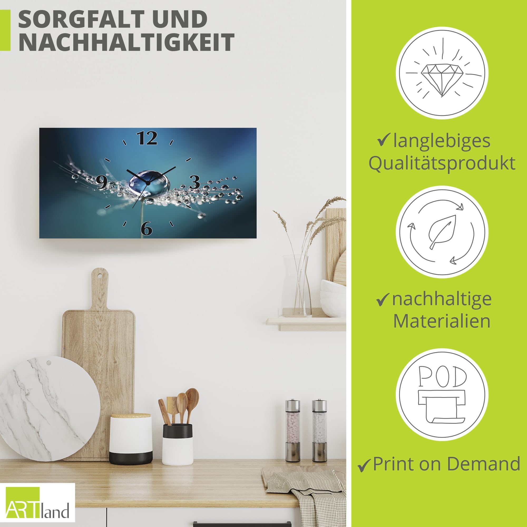 ARTLAND Wanddeko Wanduhr ohne Tickgeräusche Alu Funkuhr lautlos 60x30 cm Rechteckig Blumen Pusteblume Wassertropfen Modern U1TB