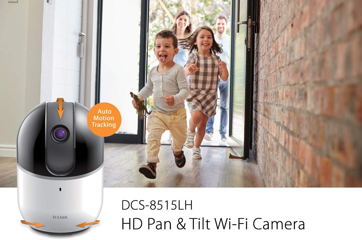 D-Link DCS-8515LH camera with an overlay indicating 'Auto Motion Tracking' and arrows showing movement, with children running in the background.