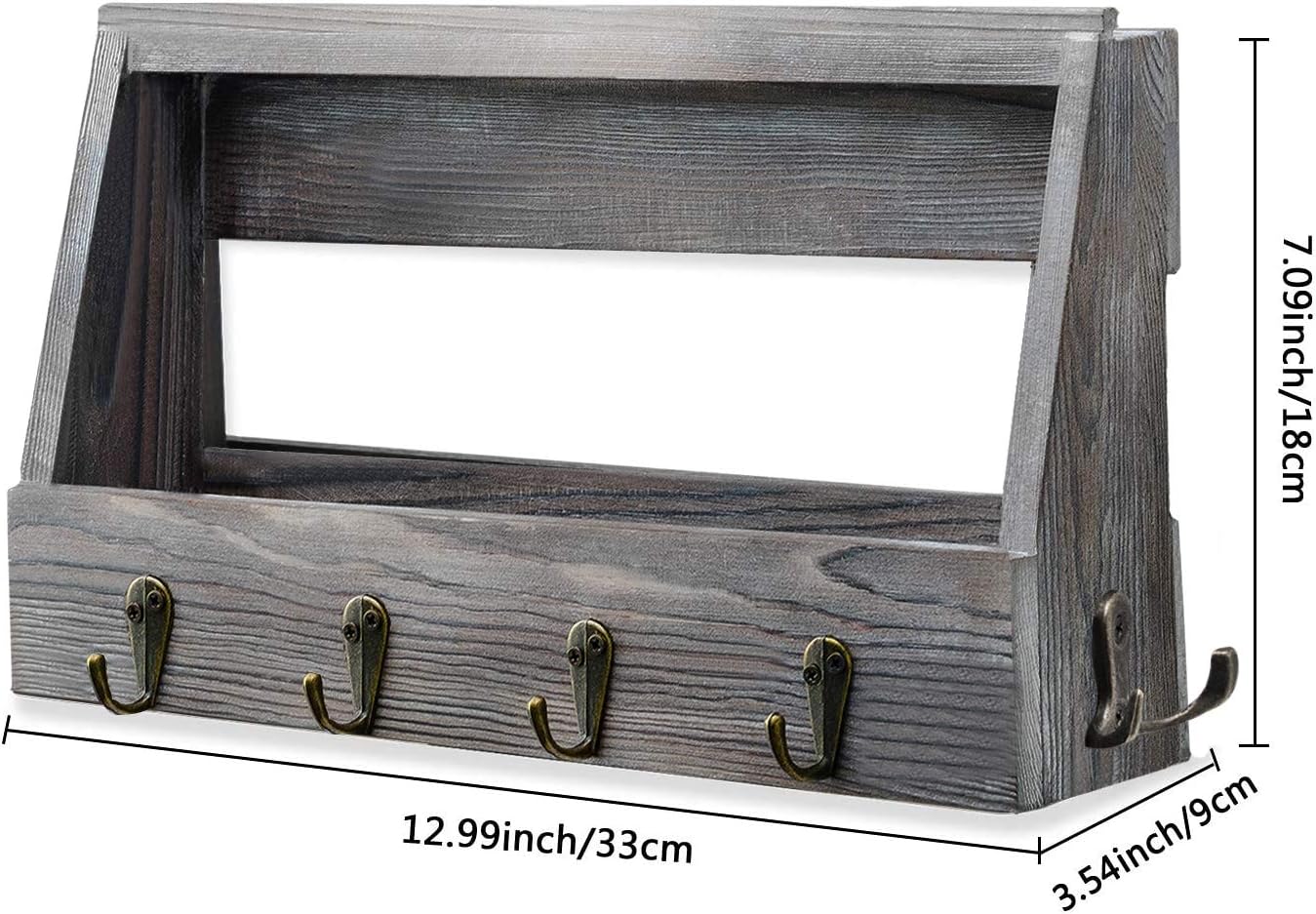Oyydecor Wooden Wall Mount Mail Holder Organizer with 8 Hooks, Torched Wood Rustic Wall Décor for Entryway