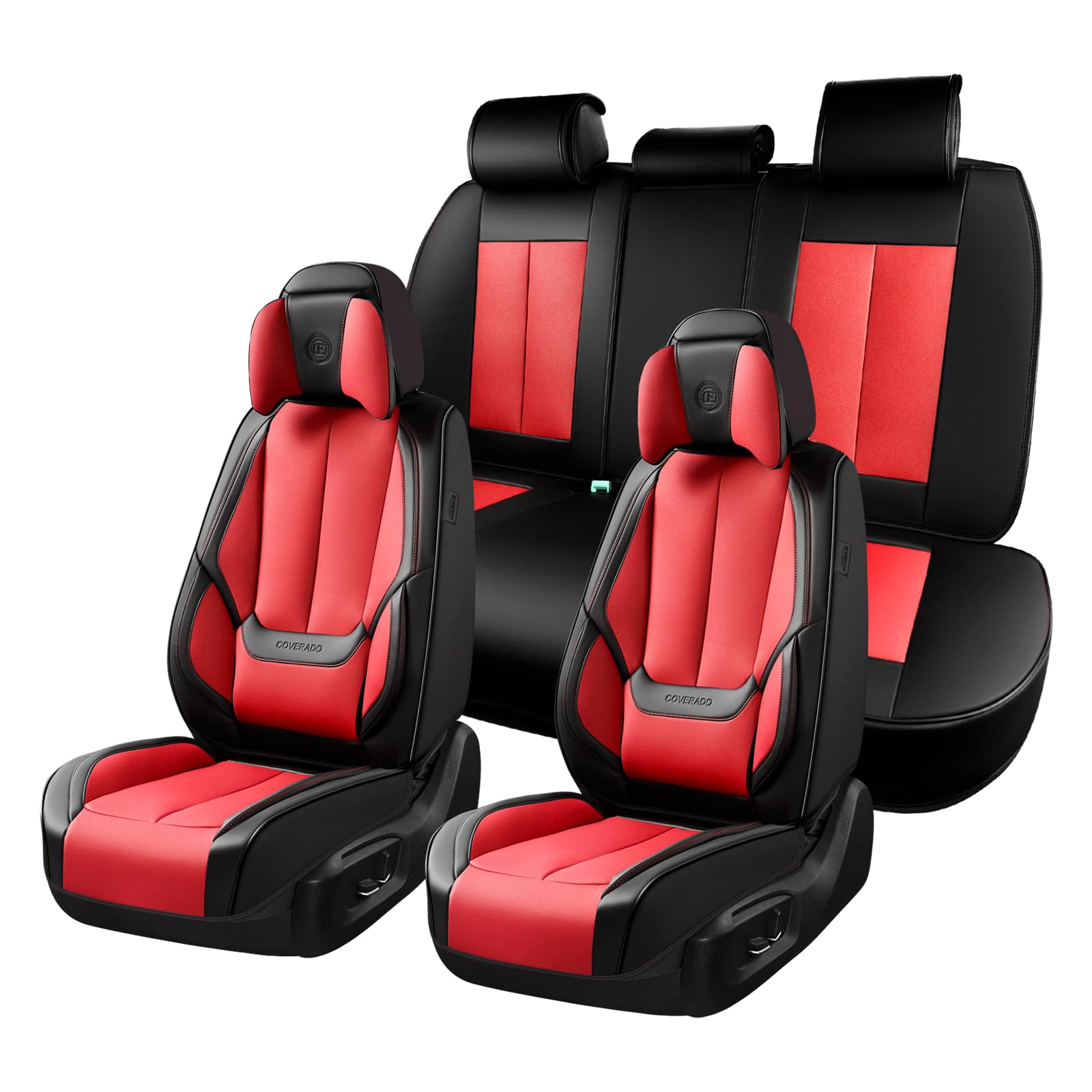 Coverado Seat Covers Full Set, 5 Seats Seat Covers for Cars, Waterproof Nappa Leather Car Seat Covers with Head Pillow, Seat Protectors Car Seat Cushion Universal Fit for Most Cars (Black&amp;Red)