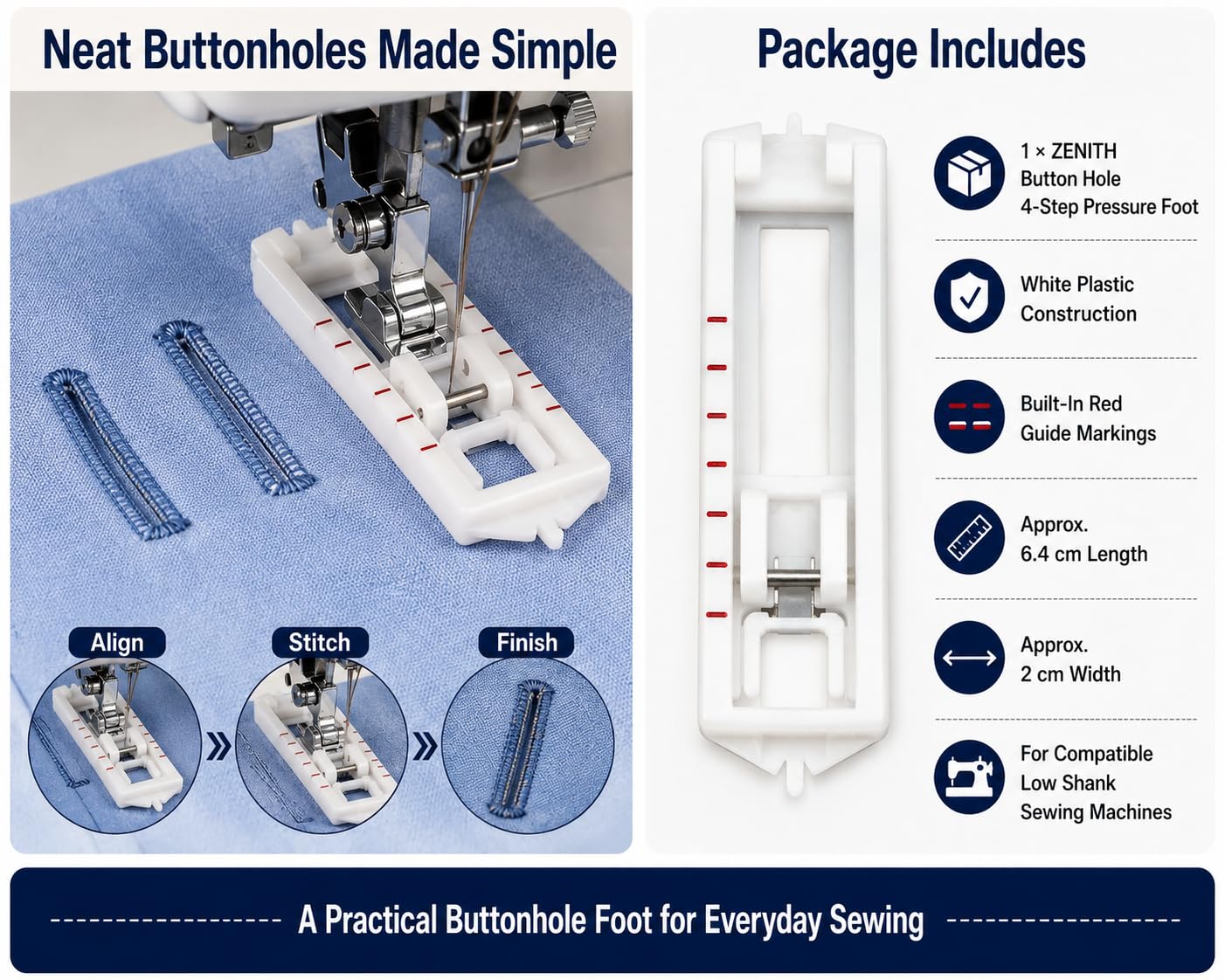 Zenith Button Hole 4 Step Pressure Foot Sewing Machine Presser Foot Fit for Most Low Shank Sewing Machines White Color Plastic White Color — Amazon image 9