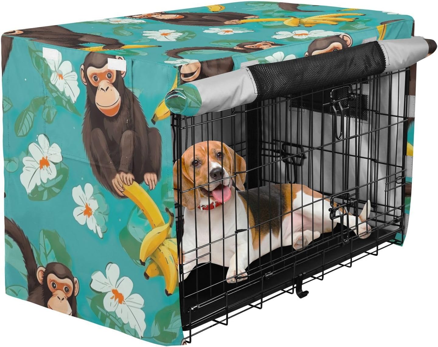 Funny Monkey Bananas Turquoise Dog Crate Covers Roll-up Side Panels, Pet Kennel Cover with Mesh Windows, X-Large