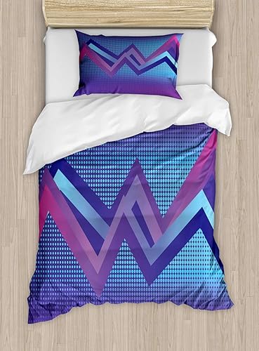 Miniatura 52 de Ambesonne Synthwave Duvet Cover Set, Abstract Halftone Inspired Dos with Colorful Retro Zigzags Graphic, Decorative 3 Piece Bedding Set with 2