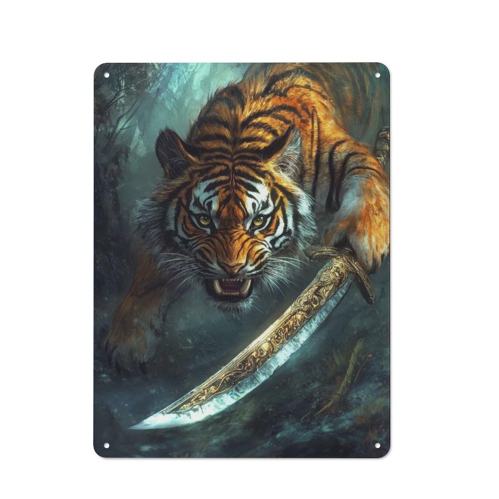 Junmoney Style-7 Rustic Tin Sign 40X30cm Featuring Tiger With Sword In Jungle For Garage Or Workshop, For Garage, Workshop And Man Cave Decoration