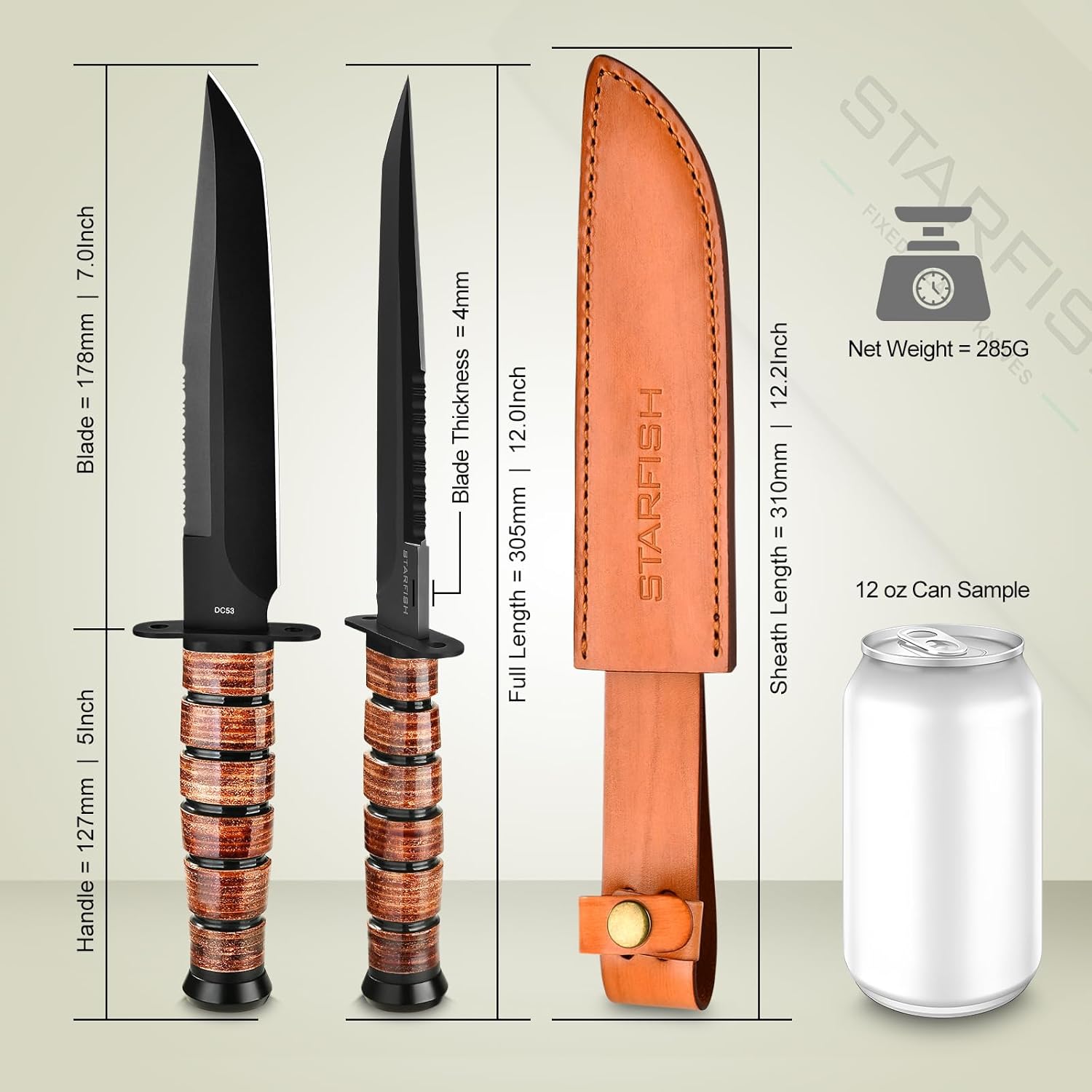 STARFISH Full Tang Fixed Blade Knife, 7.0” DC53 Steel Blade with Black Titanium Coating Hunting Knife with Sheath, Ergonomic Leather Handle Bushcraft Bowie Knives for Camping, Hiking