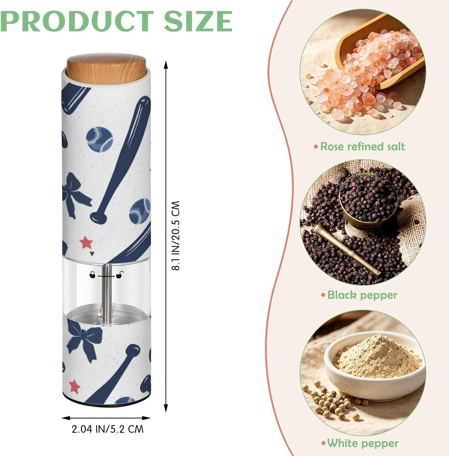 ALAZA Electric Pepper Grinder with Adjustable Coarseness, Baseball Bow Star Pattern Battery Automatic Salt and Pepper Mill with Led, One-Handed Operation Spice Grinder for Kitchen, Camping & BBQ