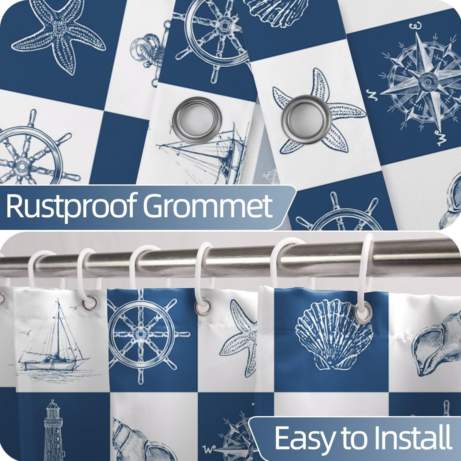 Navy Blue White Shower Curtain Set with Hooks 72x78inches Nautical Coastal Shower Curtains for Bathroom Sea Shells Compass Anchor Waterproof Fabric Shower Curtain
