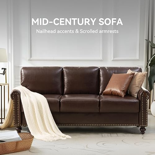 Miniatura 3 de 80" Faux Leather Sofa with Storage, Mid-Century Modern Rolled Arm Couches for Living Room Furniture, Nailhead Trim, Easy Tool-Free Assembly, Dark