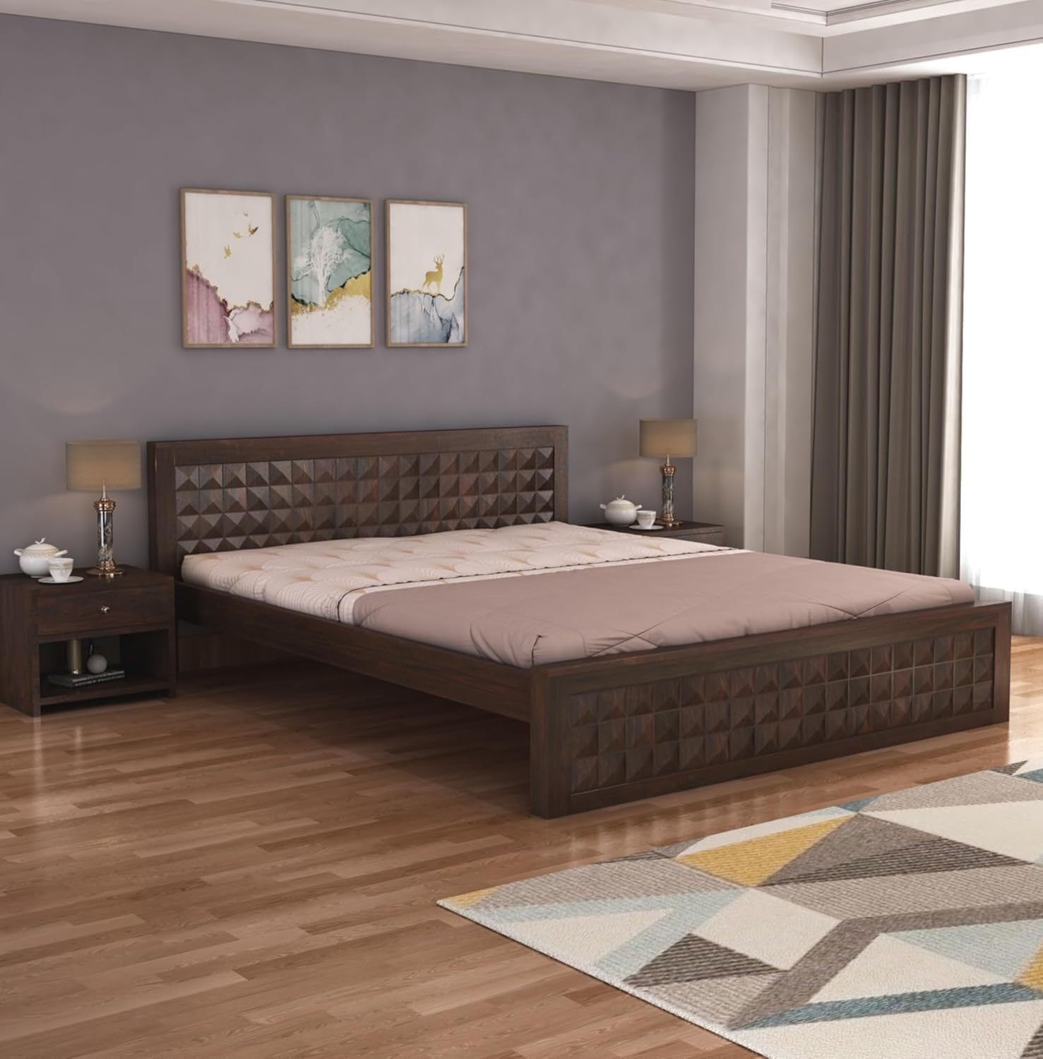Furniture Sheesham Wood Queen Size Bed Without Storage Solid Wooden Cot Bed Double Bed Furniture for Bedroom Living Room Home - (Walnut Finish) Queen_Dimond-image-19