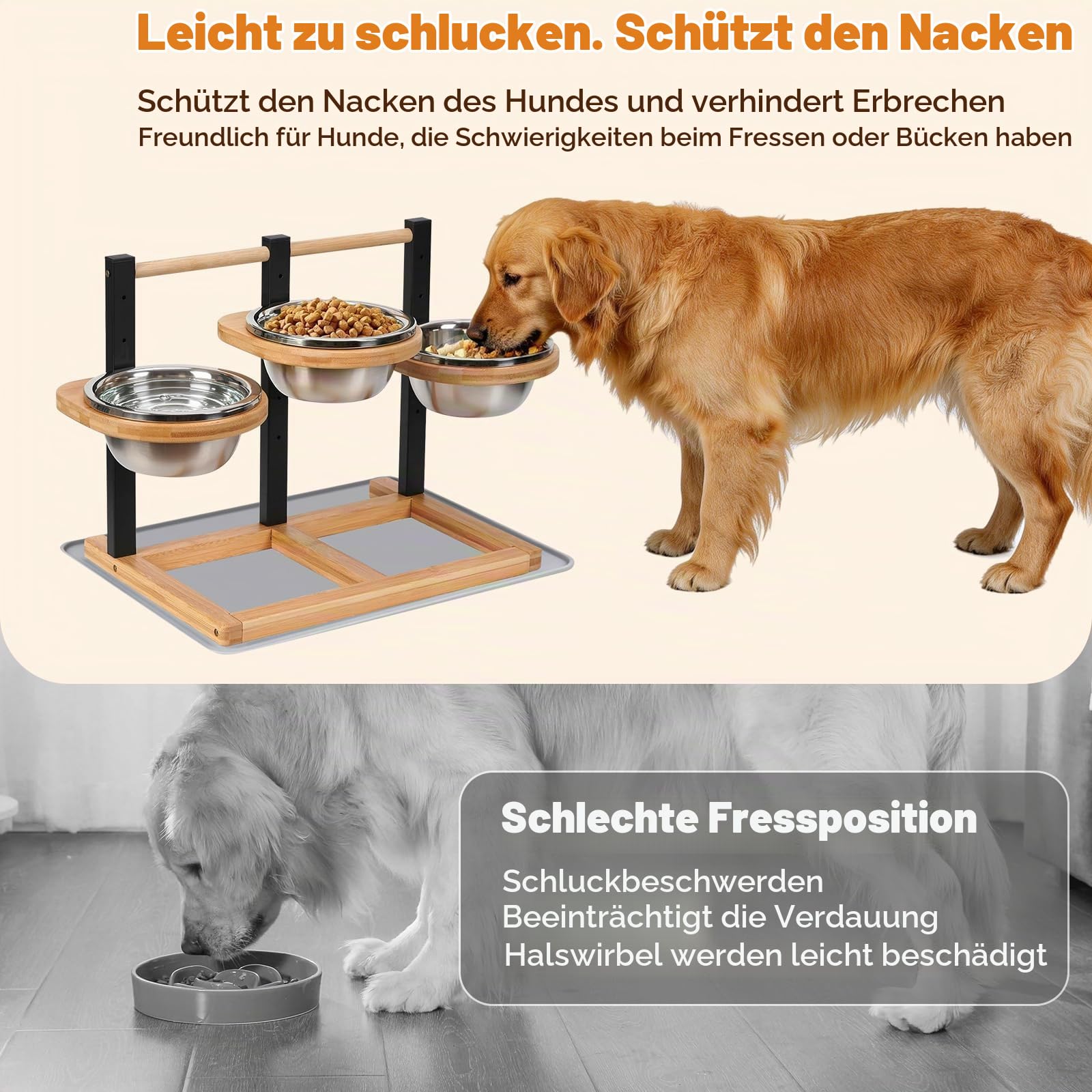 Hundenapf Erhöht, 5 Höhenverstellbar Hundenapf mit 3x1400ml Edelstahlnäpfen | Erhöhter Futternapf für Hunde, Holz Erhöhte Hundenäpfe Hundenapfständer Futternapf Futterstation mittel große