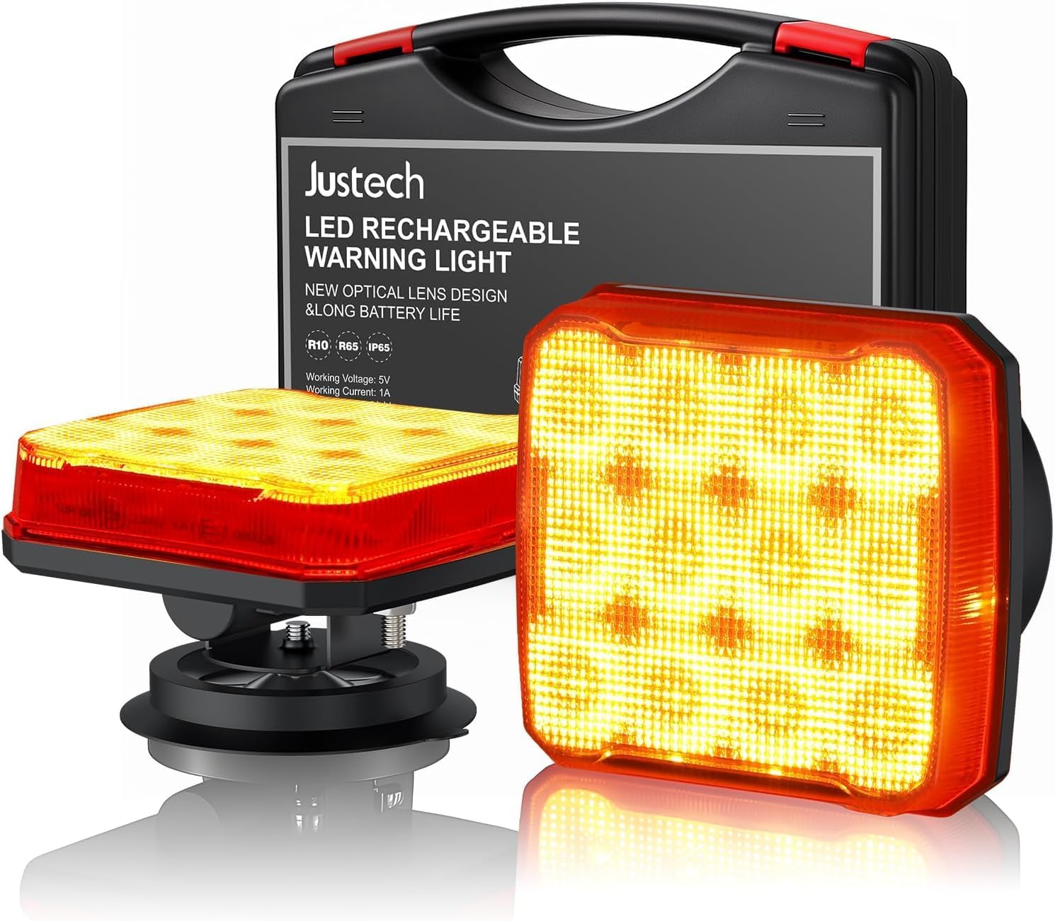 Justech 2 PCS Emergency Warning Lights, 12LEDs Rechargeable Magnetic Amber Strobe Lights, 18 Modes Flashing Beacon Lights for Truck, Car, Trailer, Bus, Tractor