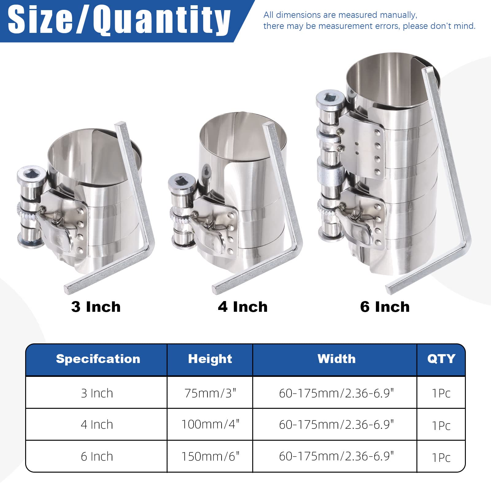 Glarks Set di 7 attrezzi per compressore ad anello pistone da 7,6 cm, 10,2 cm, 15,2 cm, set di utensili per compressore ad anello del motore dell'auto e pinze ad anello del pistone con viti di