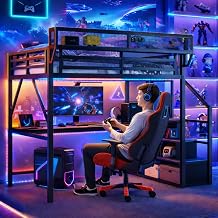 Full Size Loft Bed with Desk & Stairs, Heavy-Duty Metal Full Size Loft Bed with Charging Station & RGB Lighting for Kids, Teens, and Young Adults, Space-Saving Bed Frame for Bedroom, Black