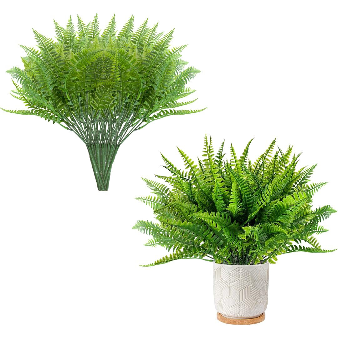 Zayookey 12 PCS Green Artificial Fern for Outdoors Artificial Boston Fern Faux Plant UV Resistant Greenery Shrubs Fake Plastic Plants for Decorating Office Porch Garden Window (A)