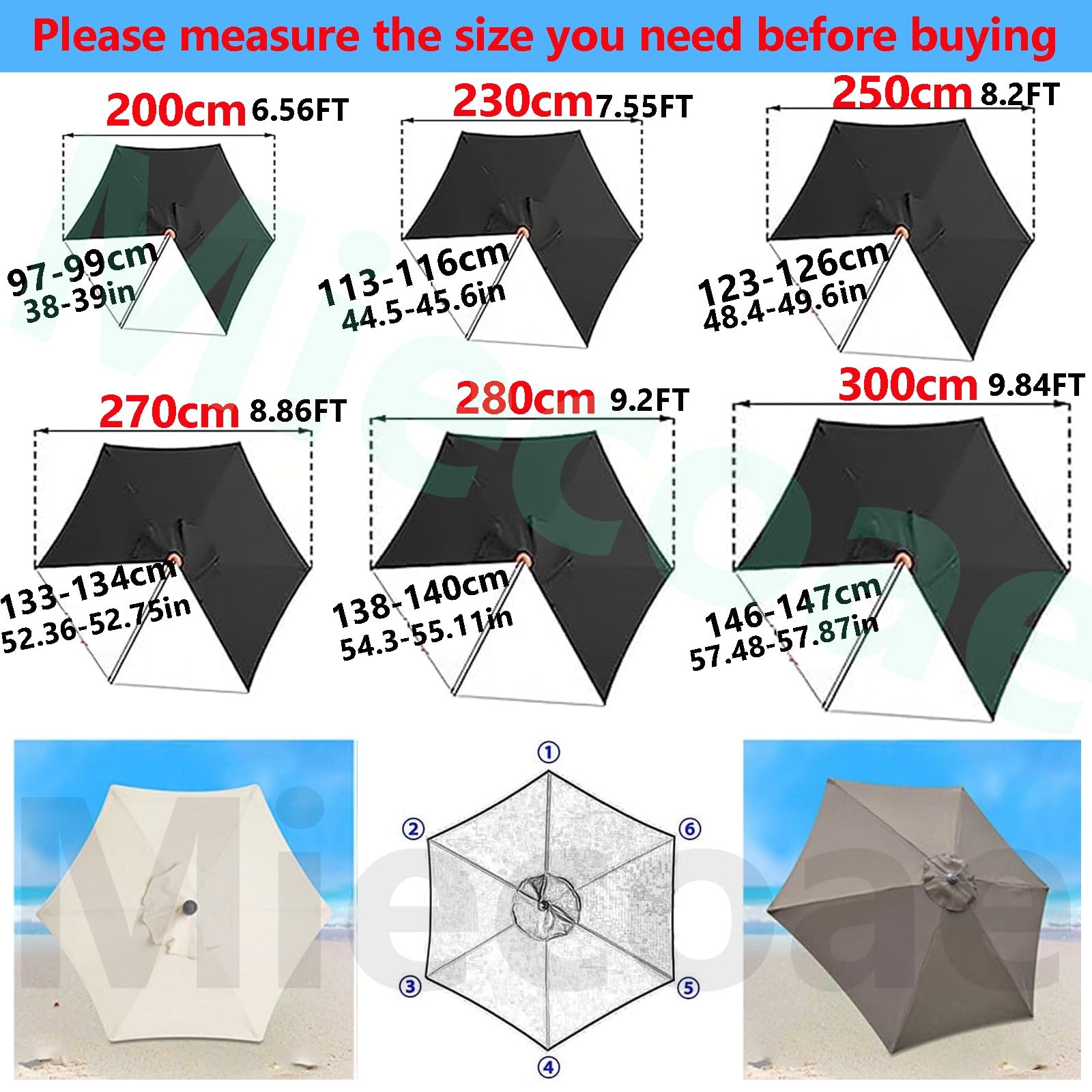 Telo di Ricambio per Ombrellone 8/6 Stecche Protezione Copertura Ombrello Baldacchino Rechange Impermeabile Tela Ombrelloni Esterni da Giardino Solo Tettuccio(Beige Bianco,6 Ribs 2.7m)