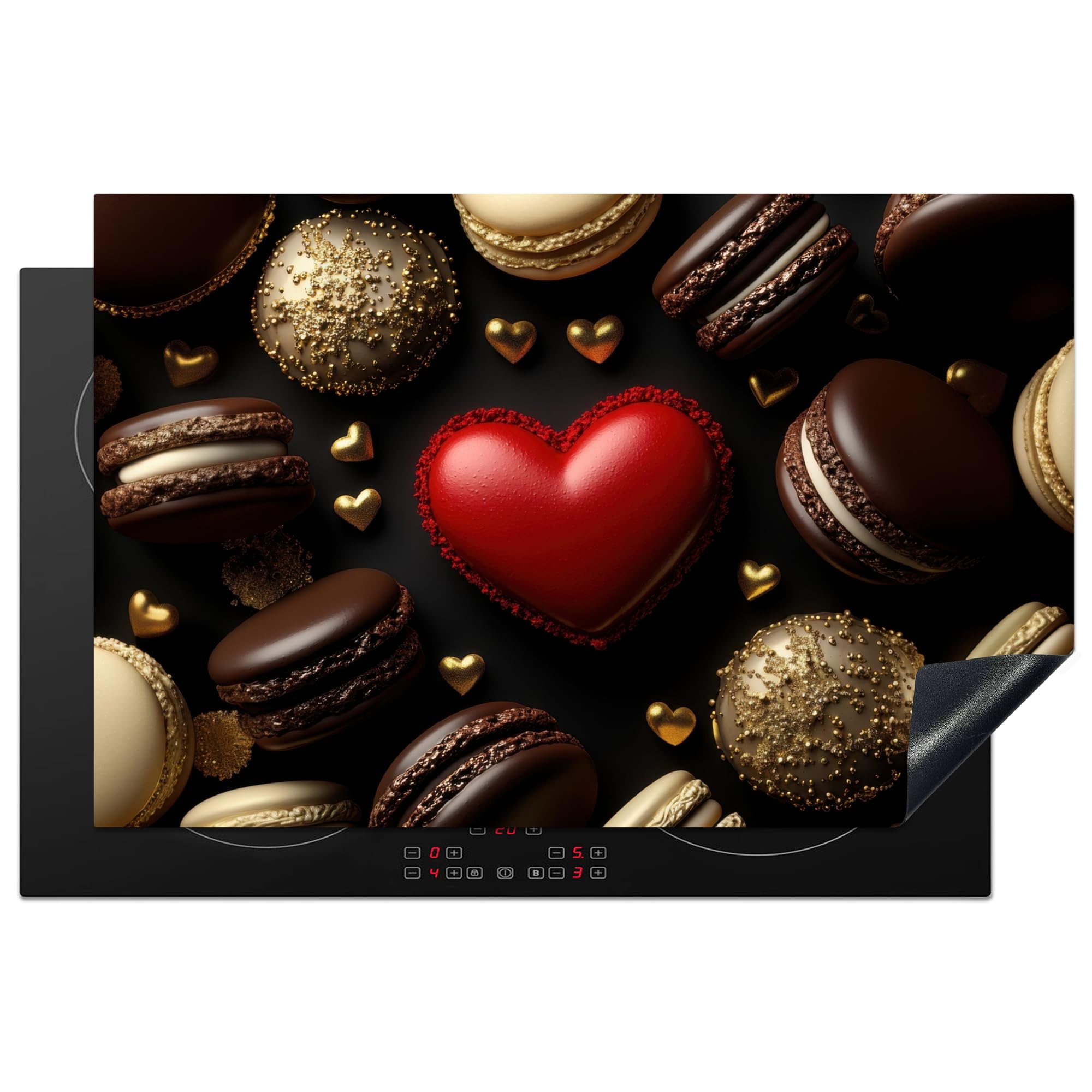 KitchenYeah© Induction Hob Protector Mat 20.5"x31.5" / 80x52 cm Stove Cap Top Cover Kitchen Cooker Covers for Electric Hobs Vinyl Macaroons - Red - Heart