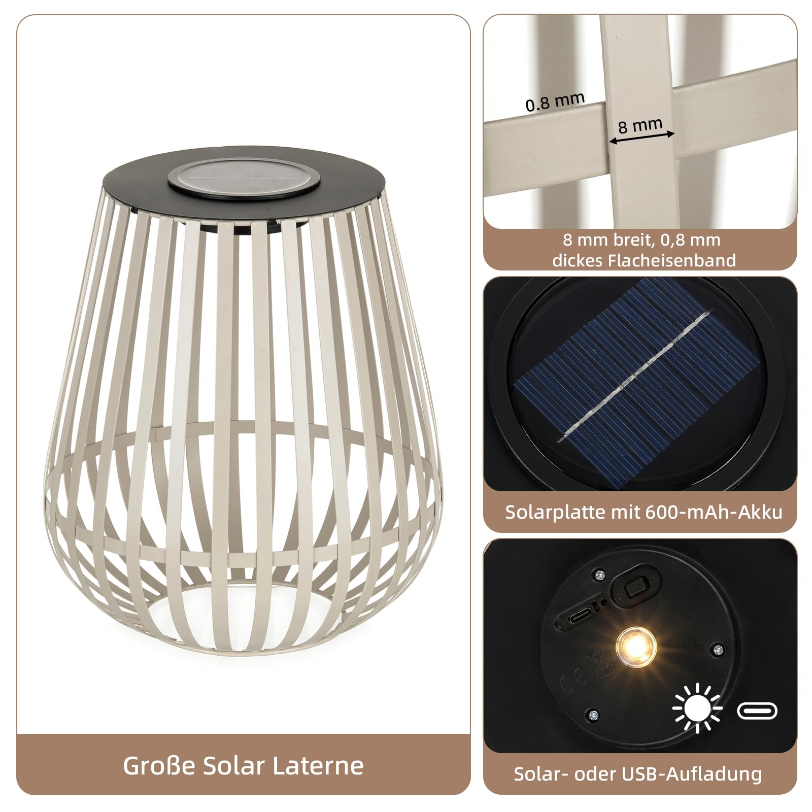 Große Solar Laterne Outdoor: Aufladbar Garten Laternen für draußen wetterfest aus hochwertig Metall Gartendeko Solarlampe als Balkon Deko modern