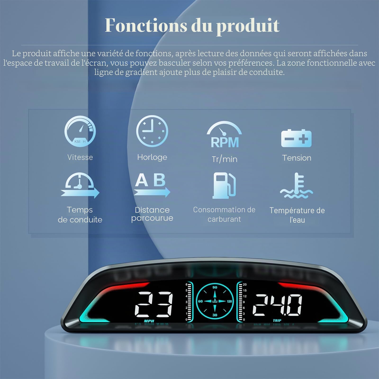 Écran HUD Head Up de voiture, MPH et KM/H, AMROOLOO, Heads Up Display Car, affichage de la vitesse de la voiture, RPM, Time et autres fonctions, speedomètre numérique automatique MPH