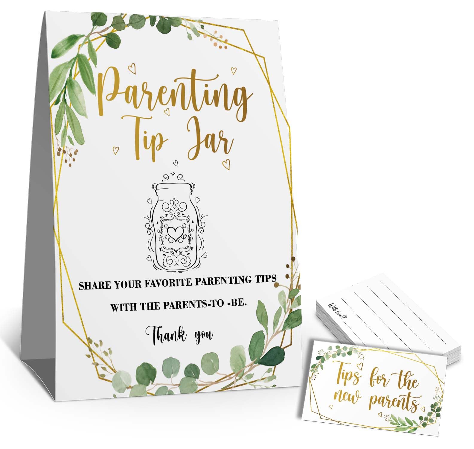 skuhyyg Parenting Tip Jar Sign, Parenting Advice Card, Advice for New Parents, Eucalyptus Gold Green Baby Shower Party(1Sign+50, TCards), Tips for the Parents To Be