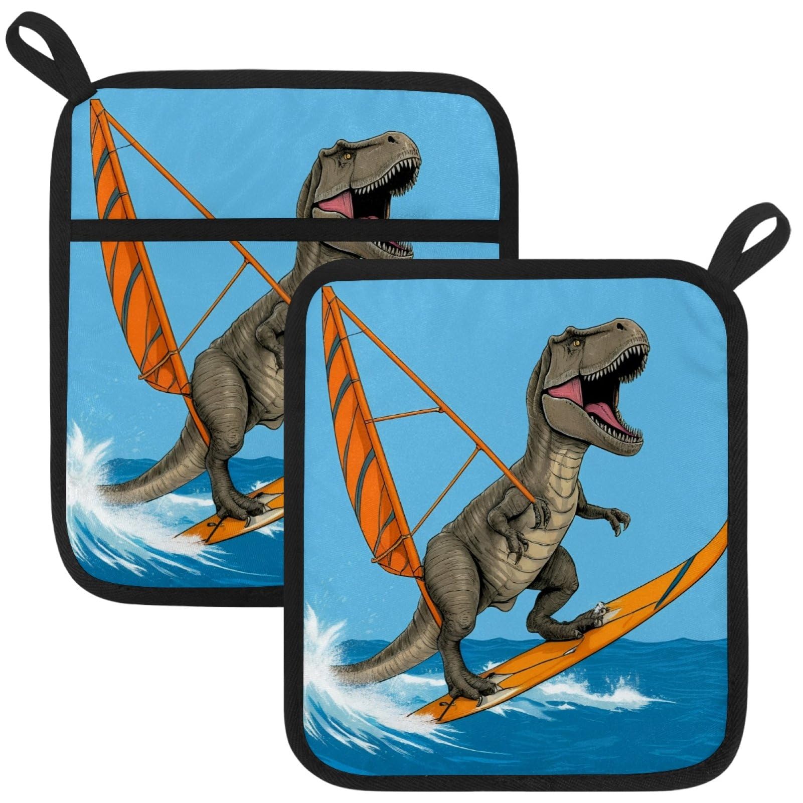 VAPOKF Surfing Dinosaur Pot Holders with Pocket for Kitchen Heat Resistant Potholders Large Polyester-Cotton Square Oven Mitts Set