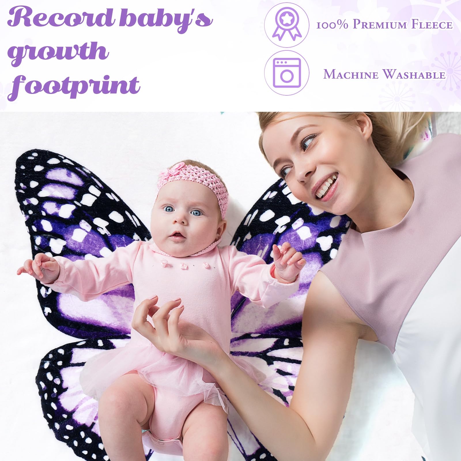 Chumia Manta mensual de hito para bebé niña de 59 x 39 pulgadas, manta floral de mariposa para fotos, manta de hito de la edad del bebé con 2 marcos de corona floral de fieltro