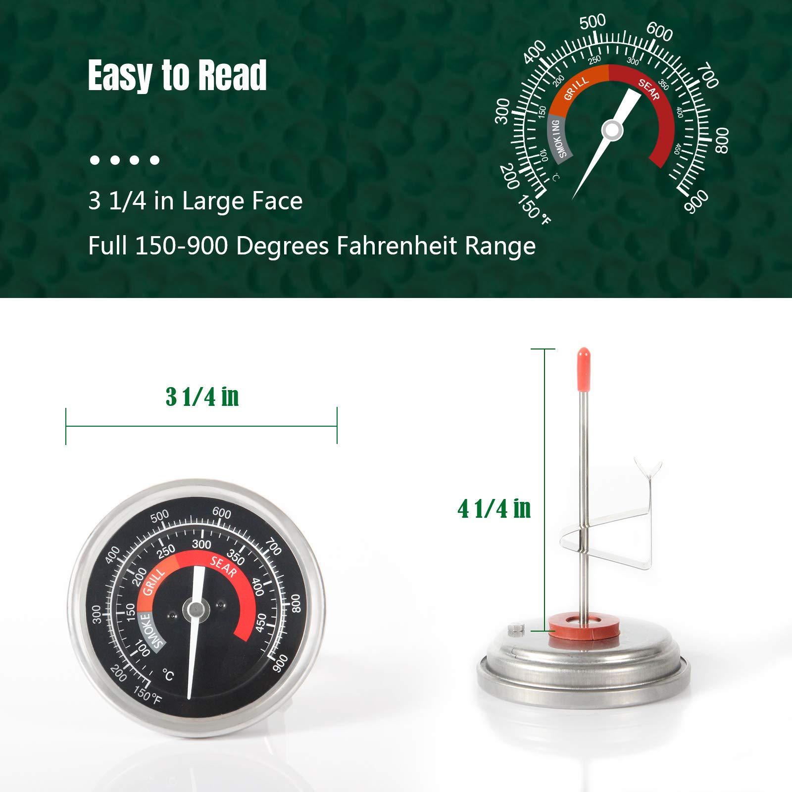 Thermomètre de rechange pour barbecue à œufs verts (toutes les tailles BGE), 65,6 à 482,2 °C, 8,4 cm, grand visage en acier inoxydable, thermomètre de cuisson pour accessoires Kamado étanche
